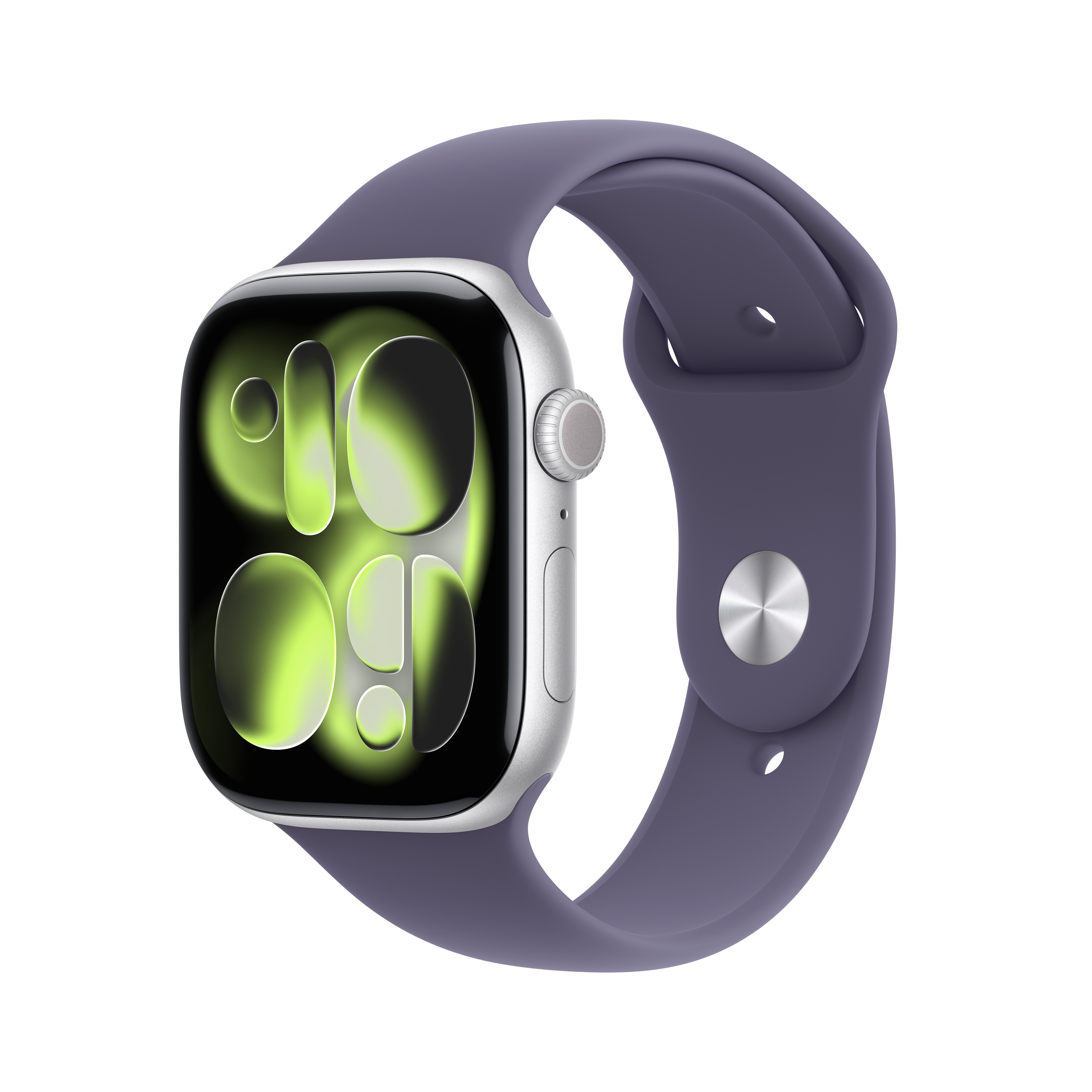 Une Apple Watch argentée avec un bracelet violet. L'écran affiche un dégradé vert et jaune.