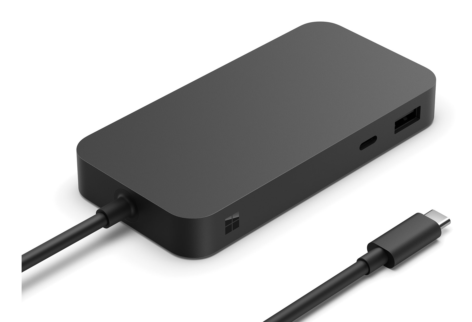 A dark gray rectangular hub with attached cables. A USB-C connector is visible. The background is white.