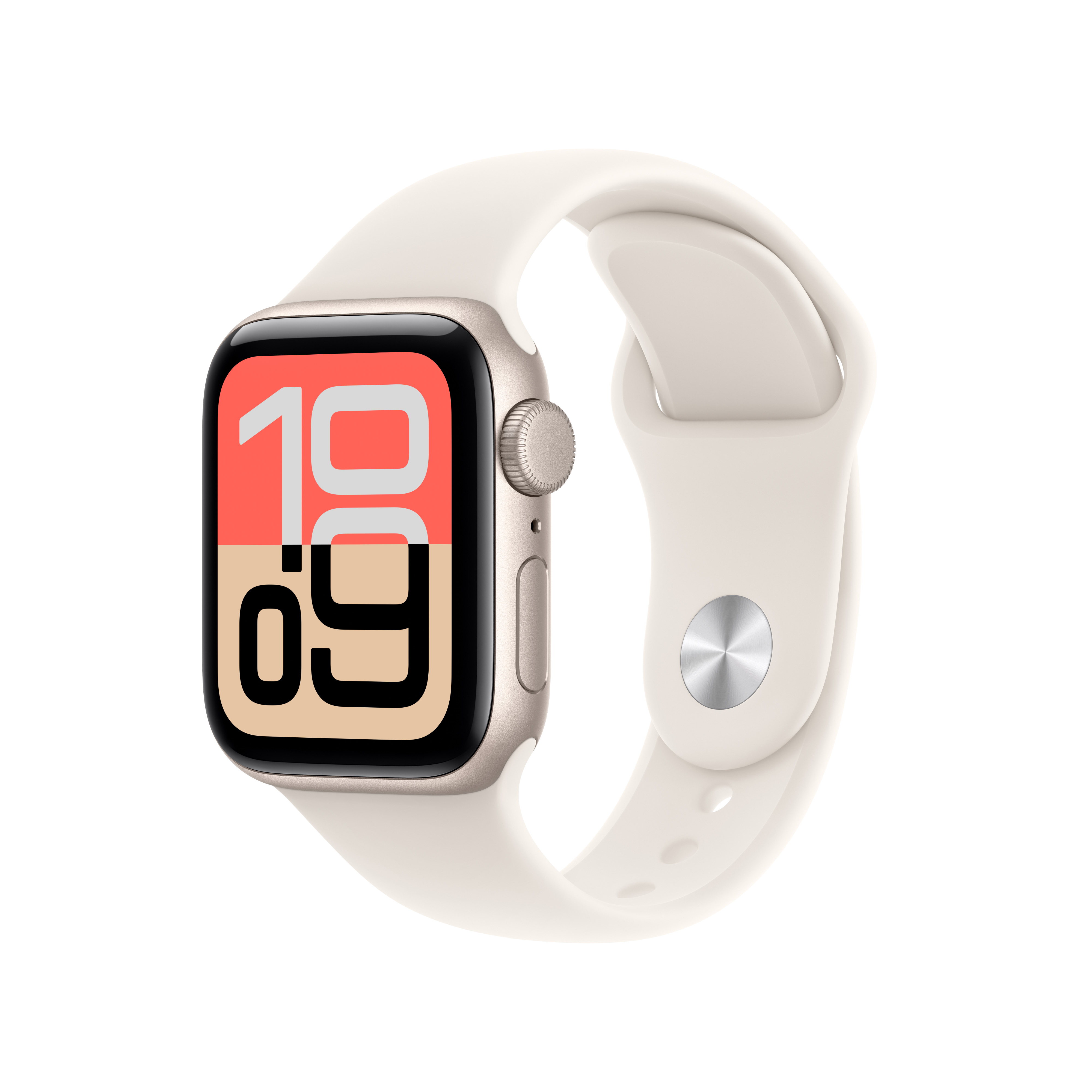 Un Apple Watch color crema con cinturino abbinato. Il quadrante mostra l'ora 19:09 in testo bianco.