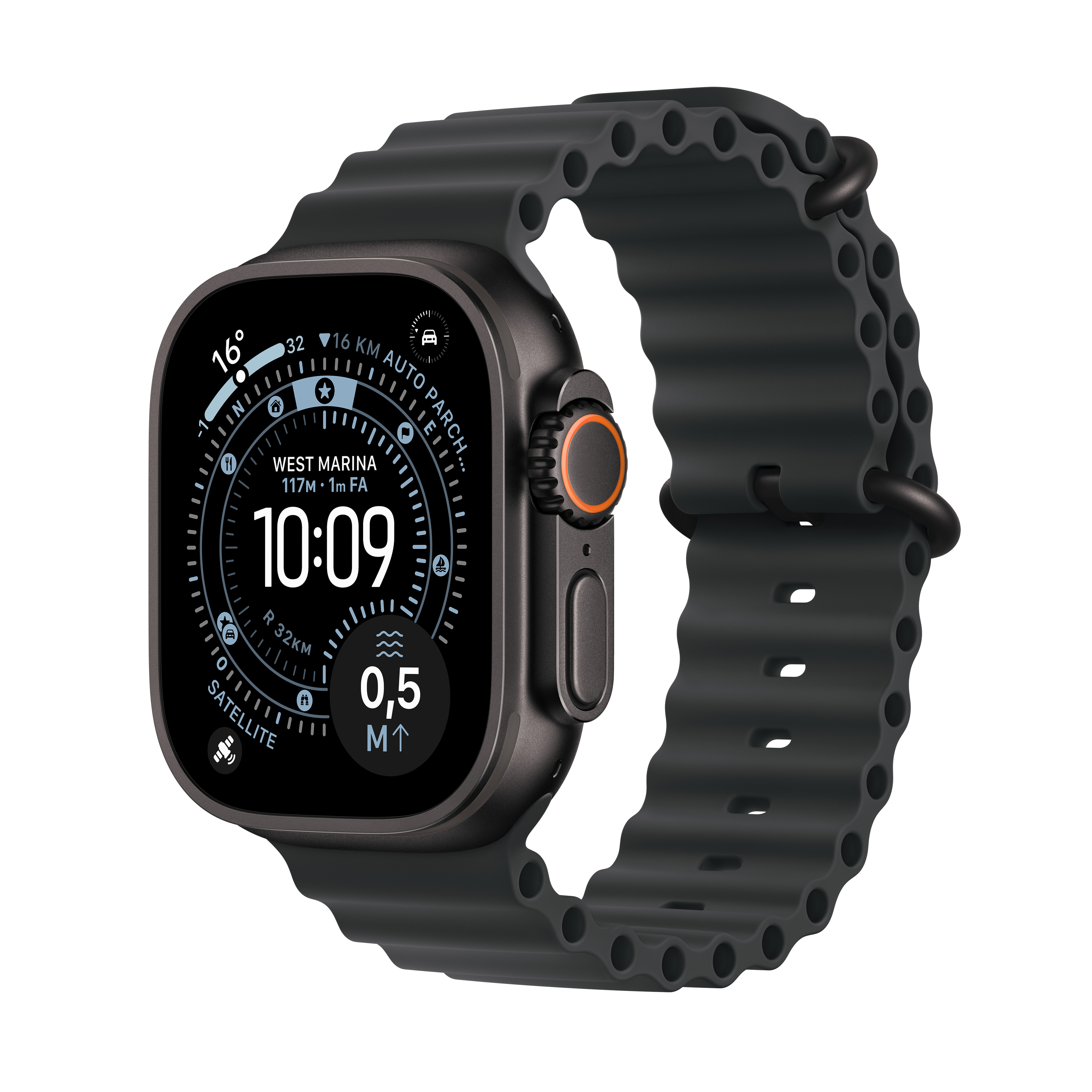Smartwatch grigio scuro con cinturino nero. Il quadrante mostra l'ora e altre informazioni.