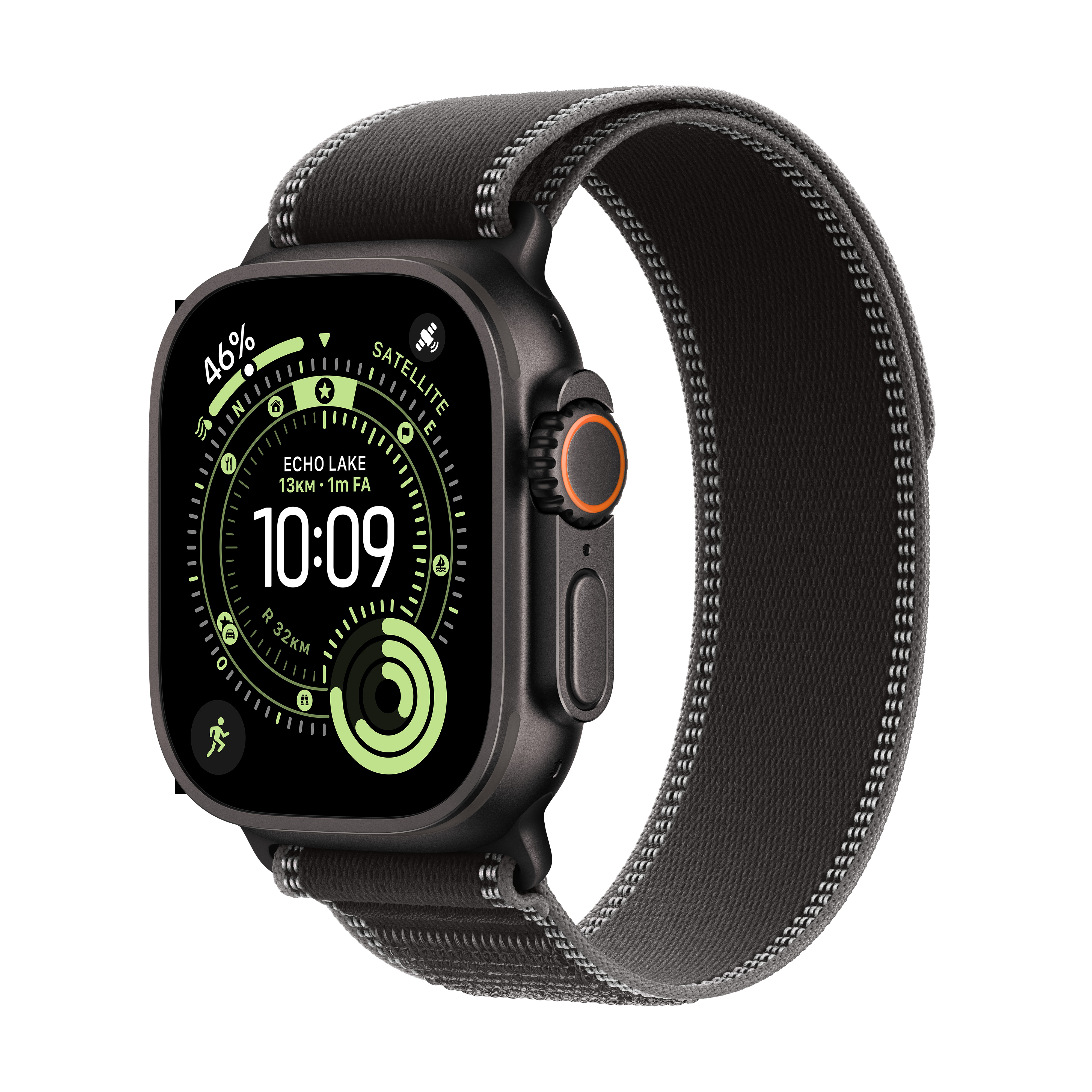 Un Apple Watch Ultra nero con cinturino grigio. Lo schermo mostra ora e dati sanitari. L'orologio è su sfondo bianco.
