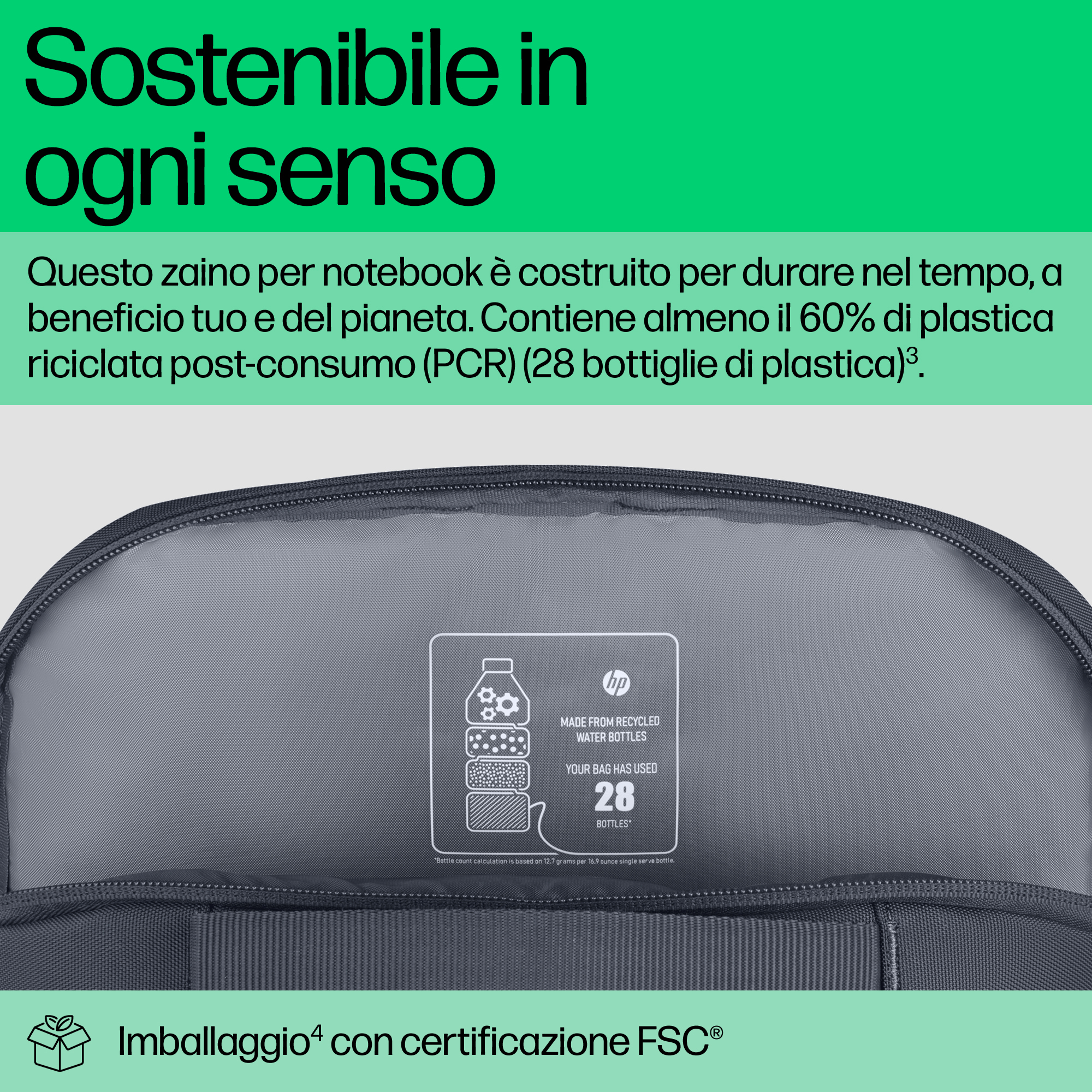 Uno zaino grigio realizzato con bottiglie d'acqua riciclate. Il testo dice 'Sostenibile in ogni senso' e altro sul prodotto.