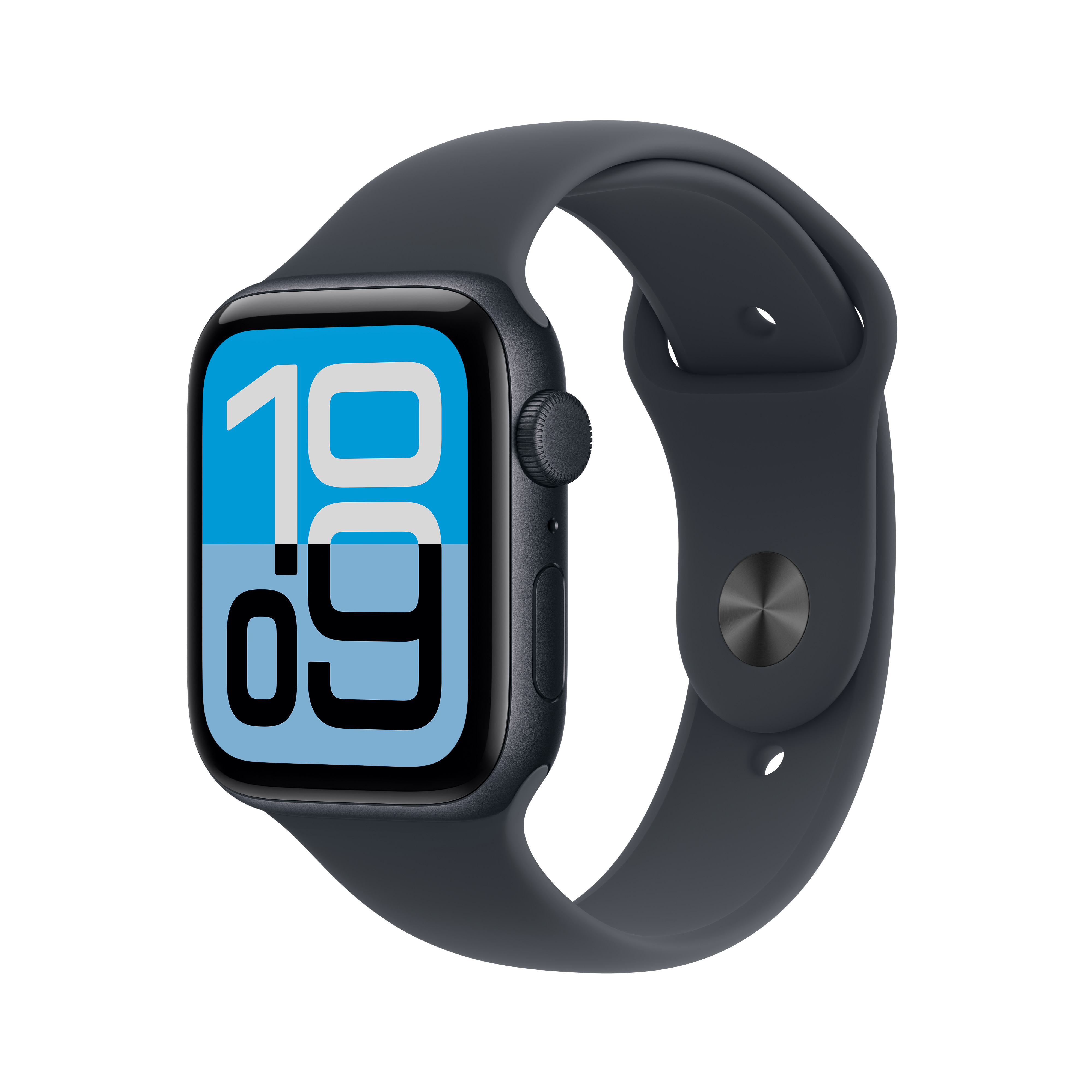 Un Apple Watch grigio scuro mostra l'ora 19:09. Il cinturino è grigio scuro. Lo sfondo è bianco.