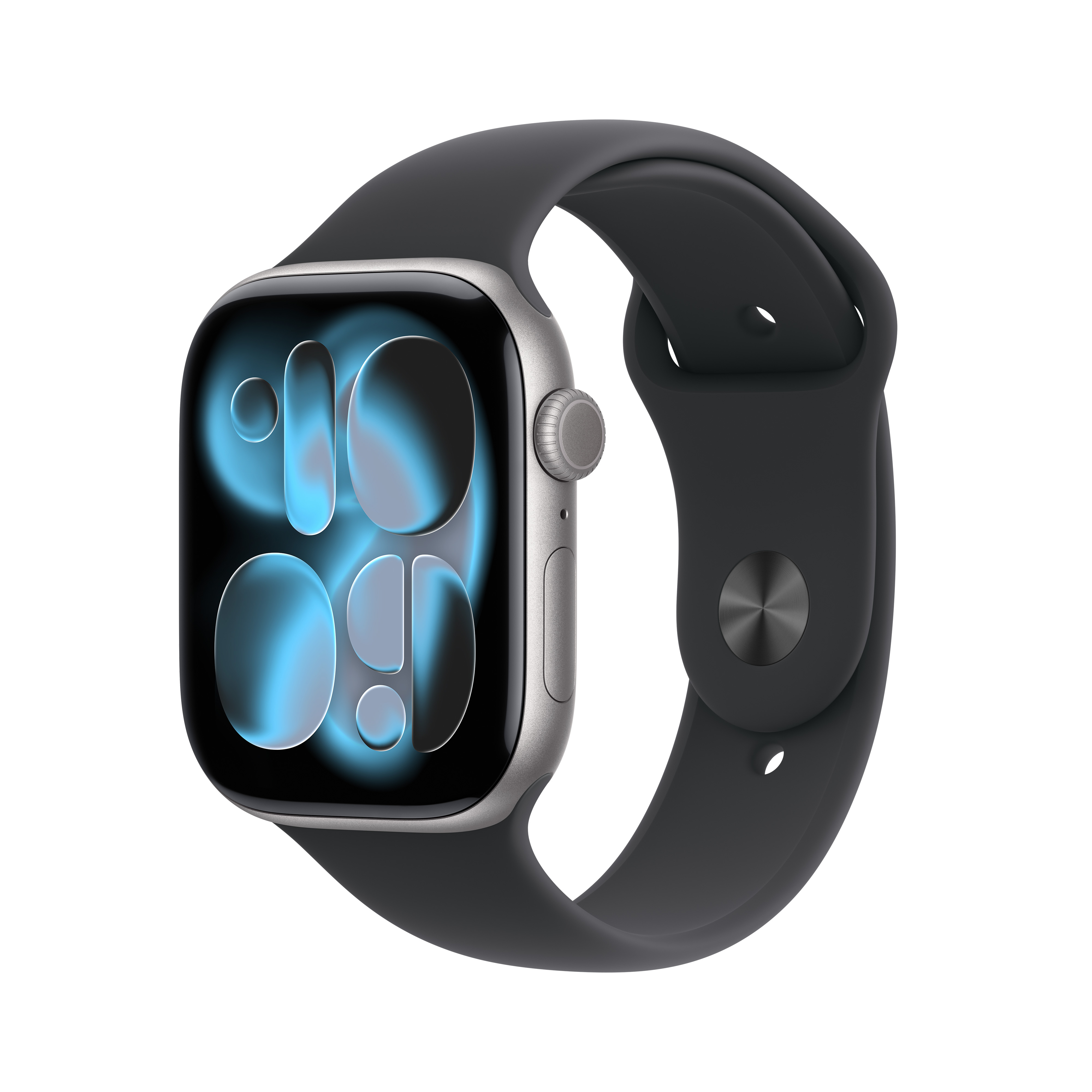Apple Watch argentato con cinturino nero. Lo schermo mostra l'ora digitale blu. Sfondo bianco.