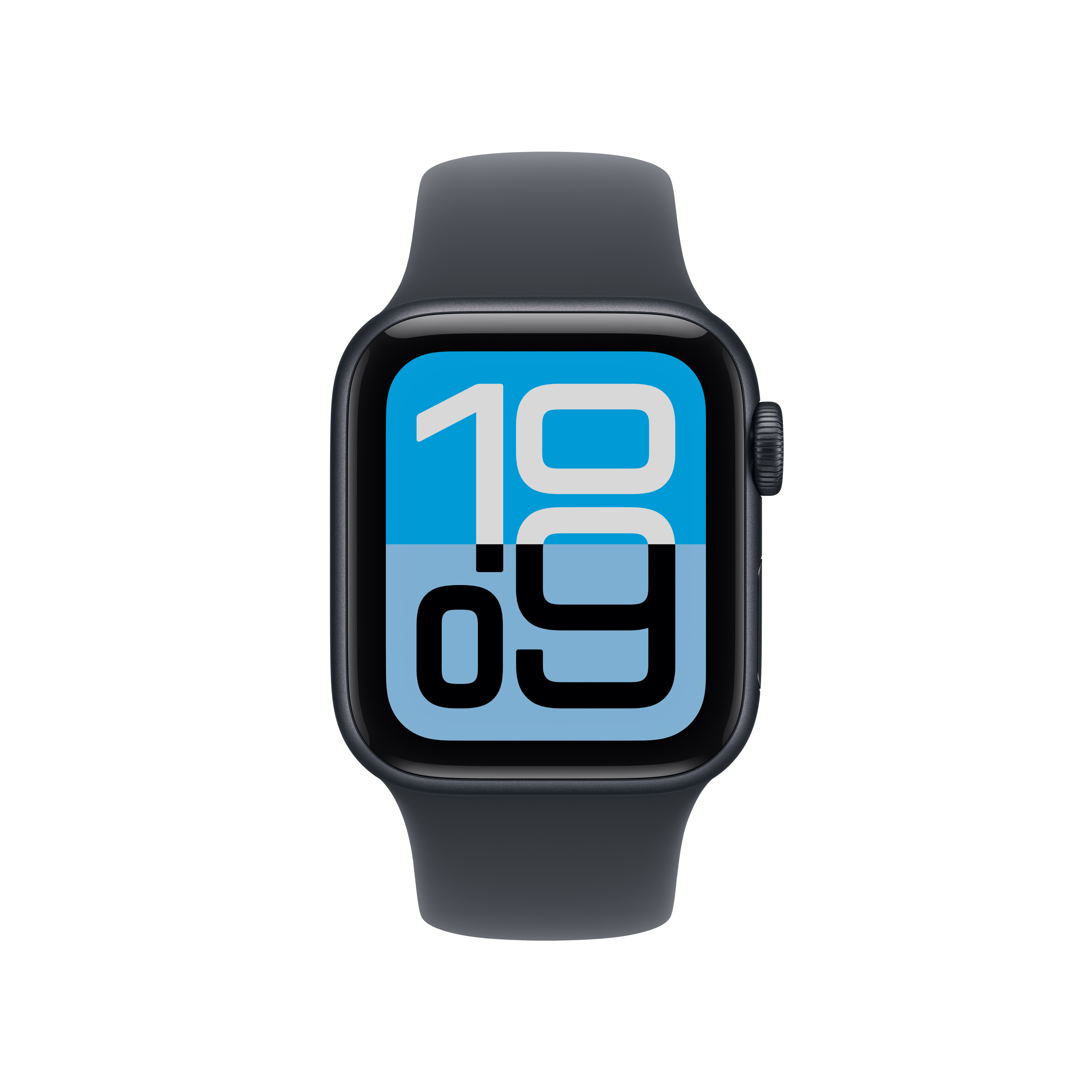 Un Apple Watch grigio scuro mostra l'ora 10:09 su sfondo blu. L'orologio è su sfondo bianco.