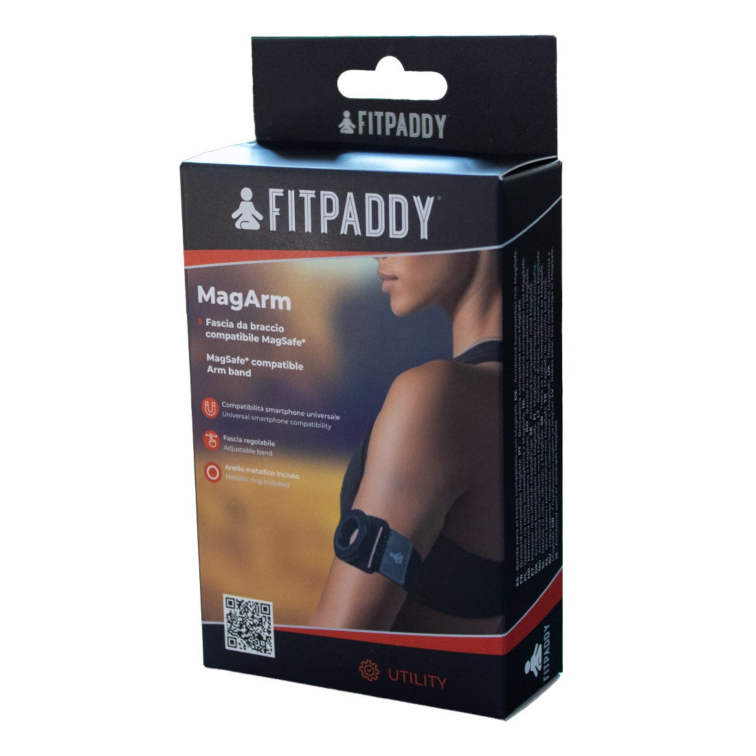 Una scatola del prodotto per una fascia da braccio MagArm. Mostra una donna che indossa la fascia. Il testo sulla scatola evidenzia le caratteristiche e il logo Fitpaddy.