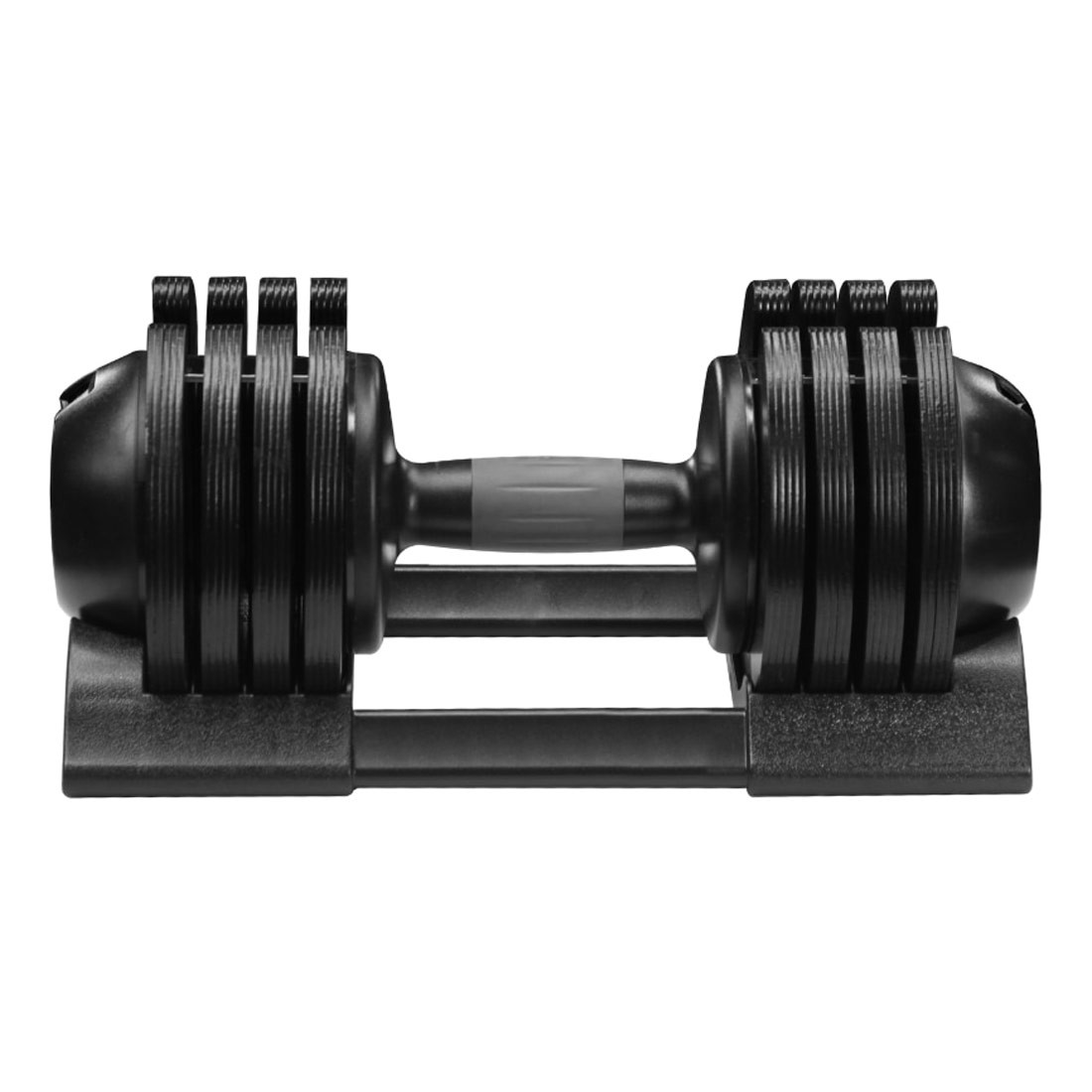 Eine schwarze, verstellbare Hantel auf einem schwarzen Sockel. Die Hantel hat einen grauen Griff und Platten an jedem Ende.