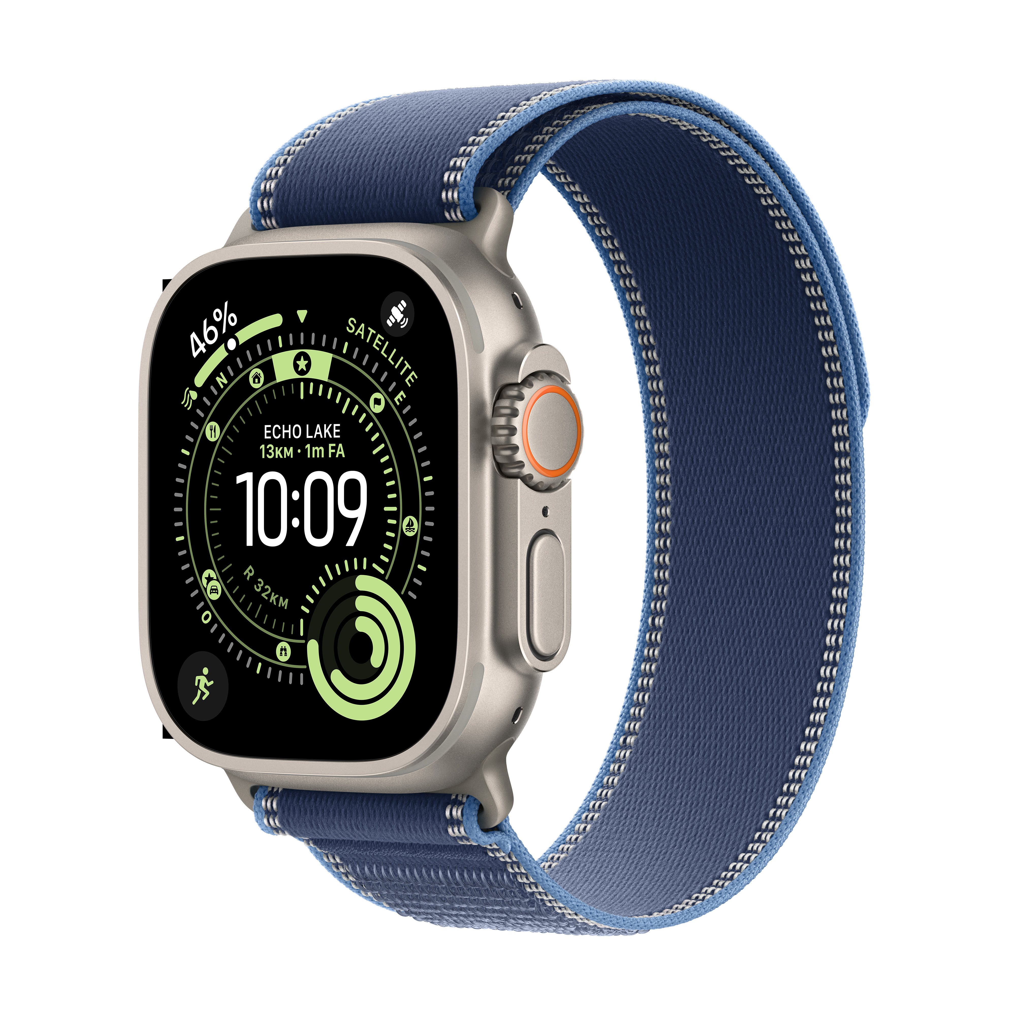 Uno smartwatch argentato con cinturino blu mostra un quadrante. L'orologio mostra l'ora, la batteria e altri dati.