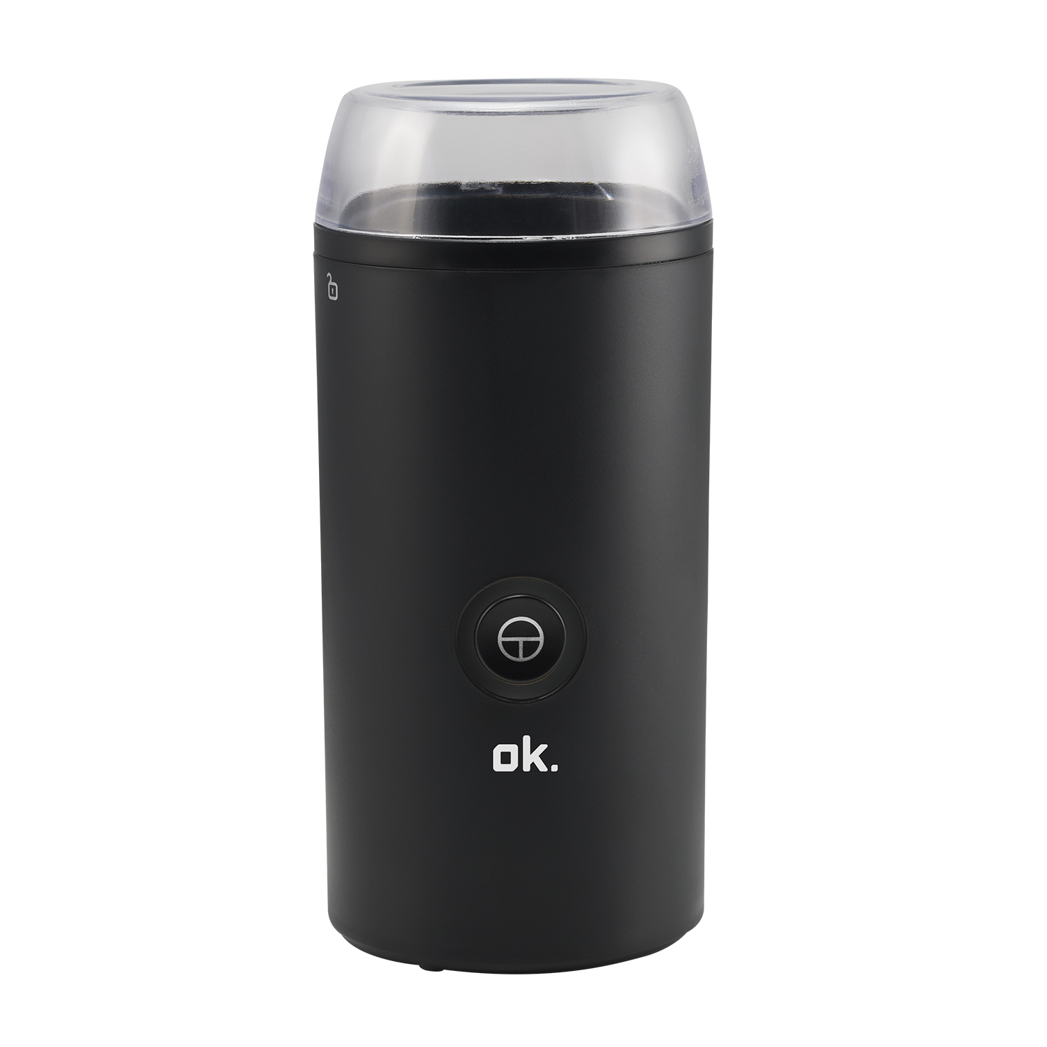 Czarny elektryczny młynek do kawy z przezroczystą pokrywą i przyciskiem zasilania. Widoczna jest nazwa marki 'ok'.
