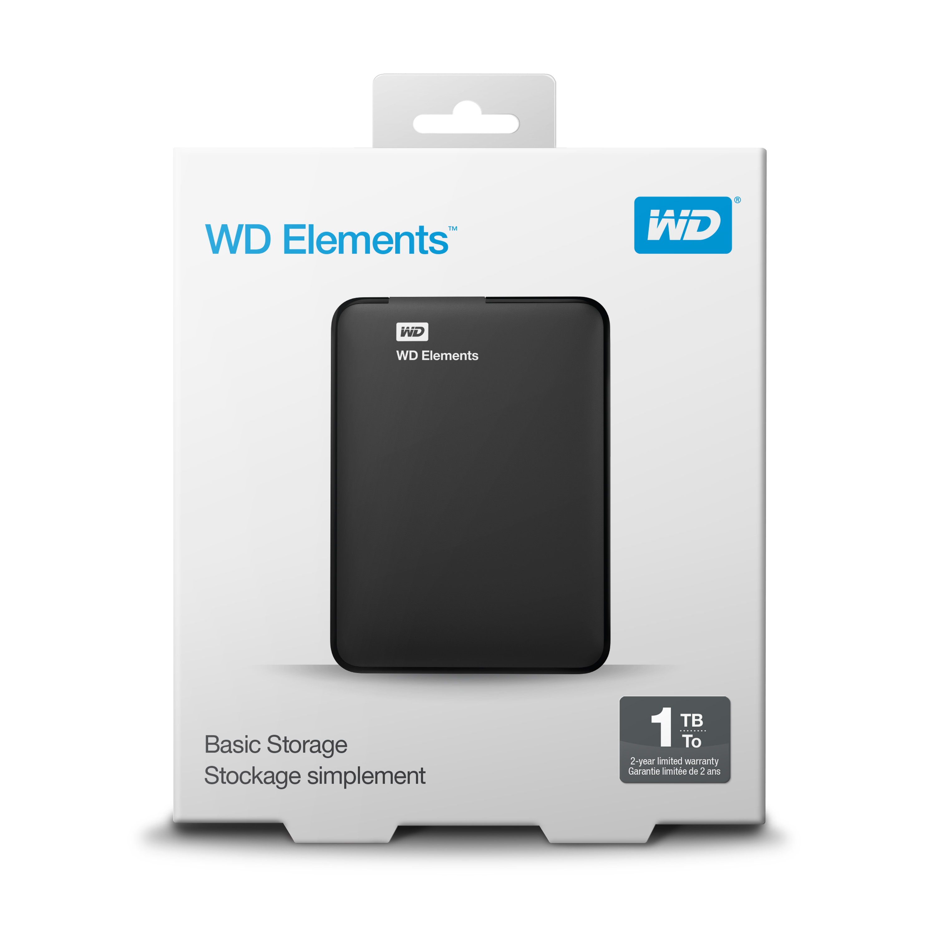 Białe pudełko z czarnym dyskiem zewnętrznym WD Elements. Tekst zawiera WD Elements i 1 TB.