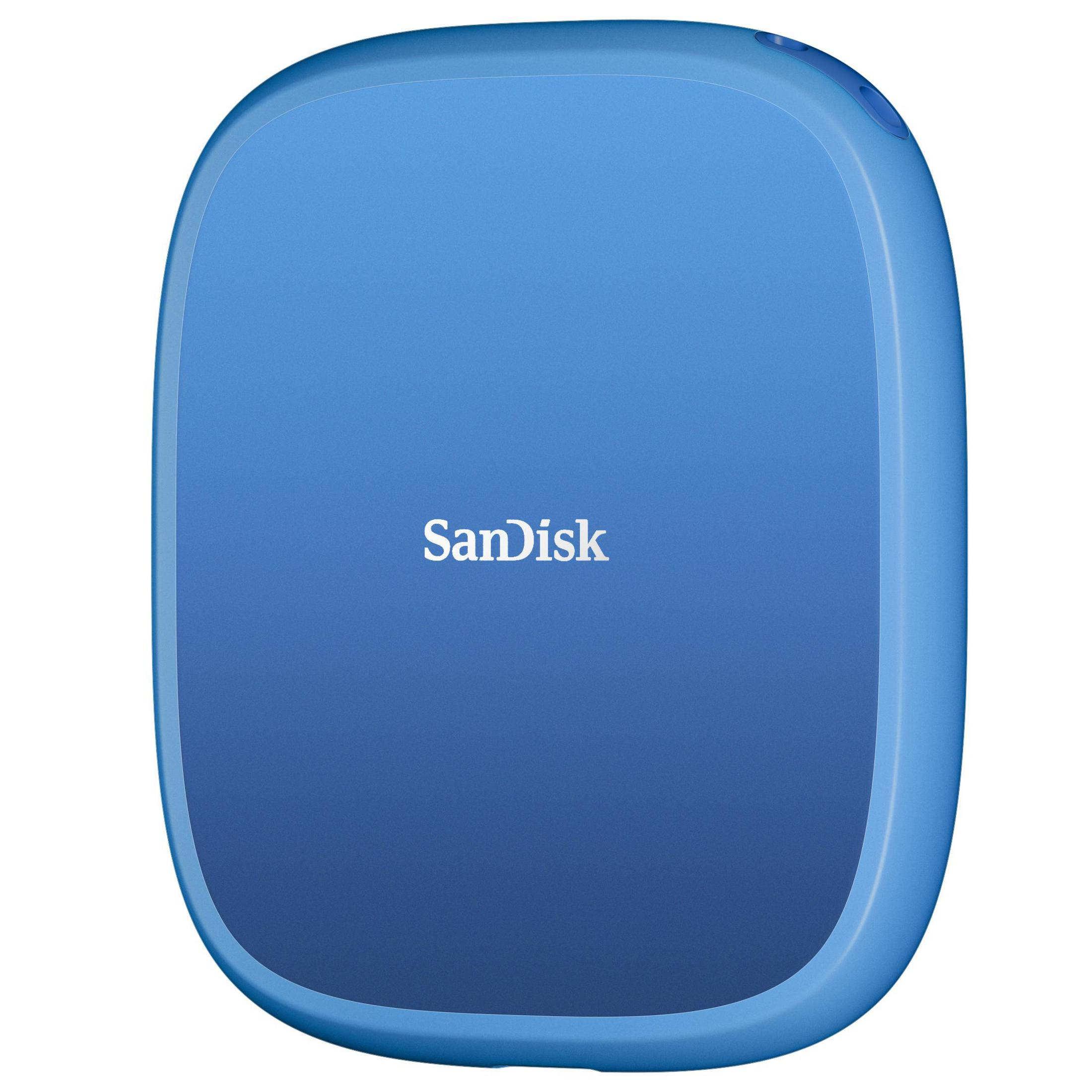 Un disco rigido esterno Sandisk blu. Il dispositivo ha bordi arrotondati, con il logo Sandisk in bianco.
