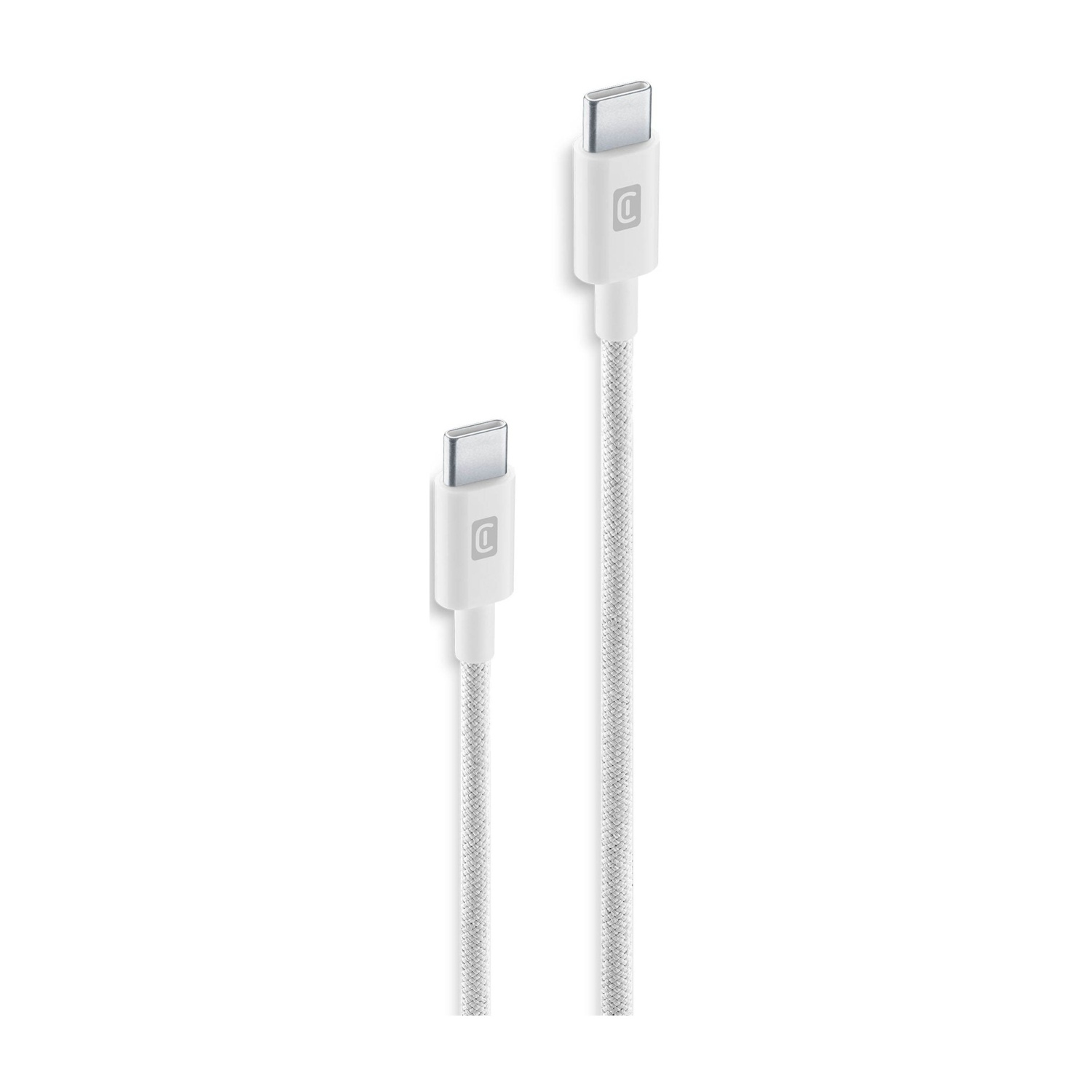 Deux câbles USB-C blancs sur fond blanc. Chaque câble a un connecteur blanc avec une pointe argentée.