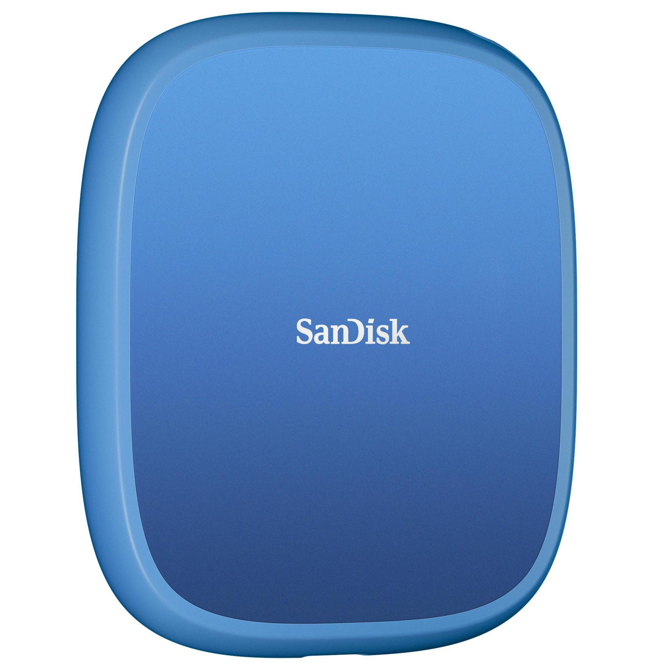 Un disco rigido esterno Sandisk blu. Il dispositivo è arrotondato con il marchio in bianco.