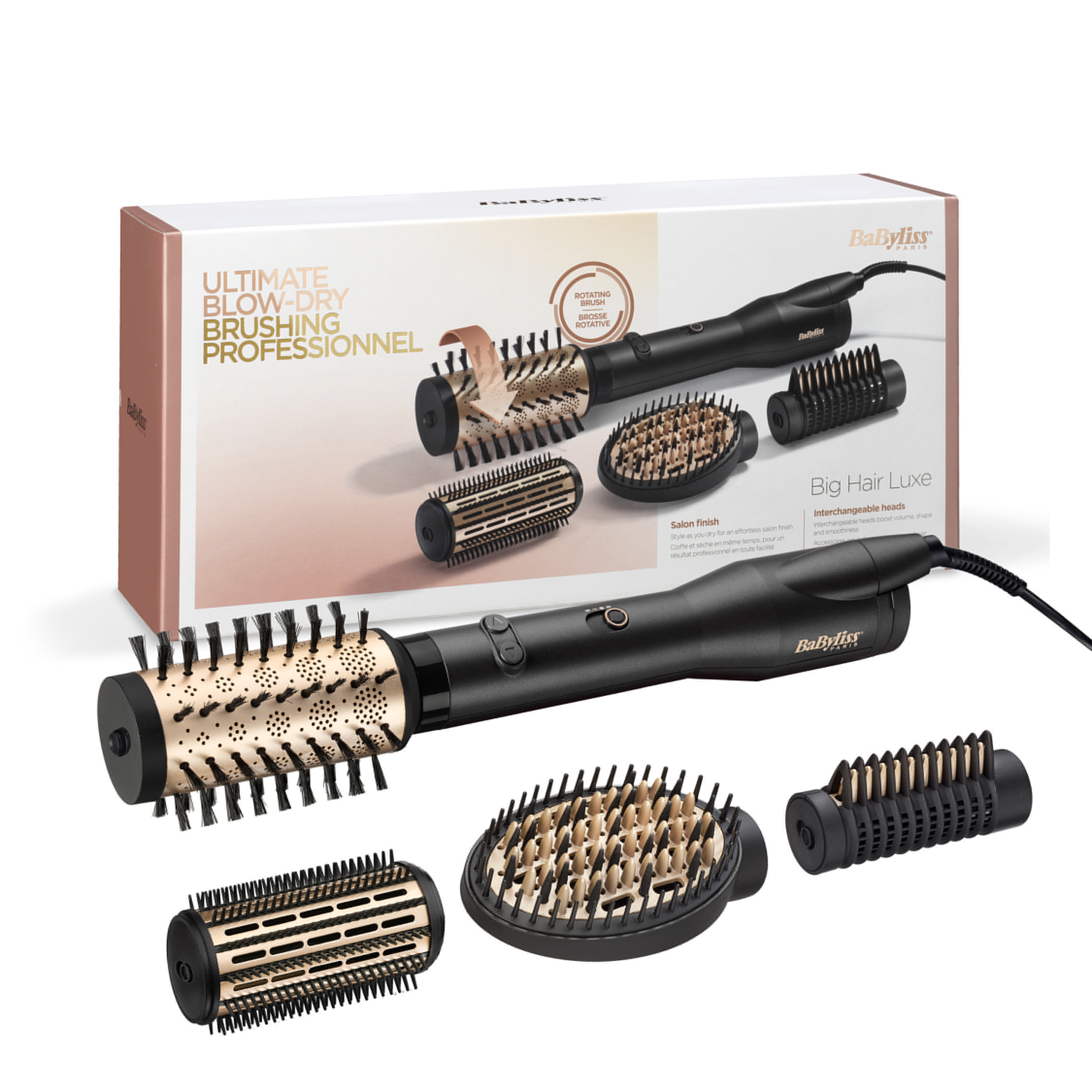 Un kit de coiffure avec une brosse soufflante et plusieurs têtes interchangeables, dans une boîte. Couleurs noir et or.