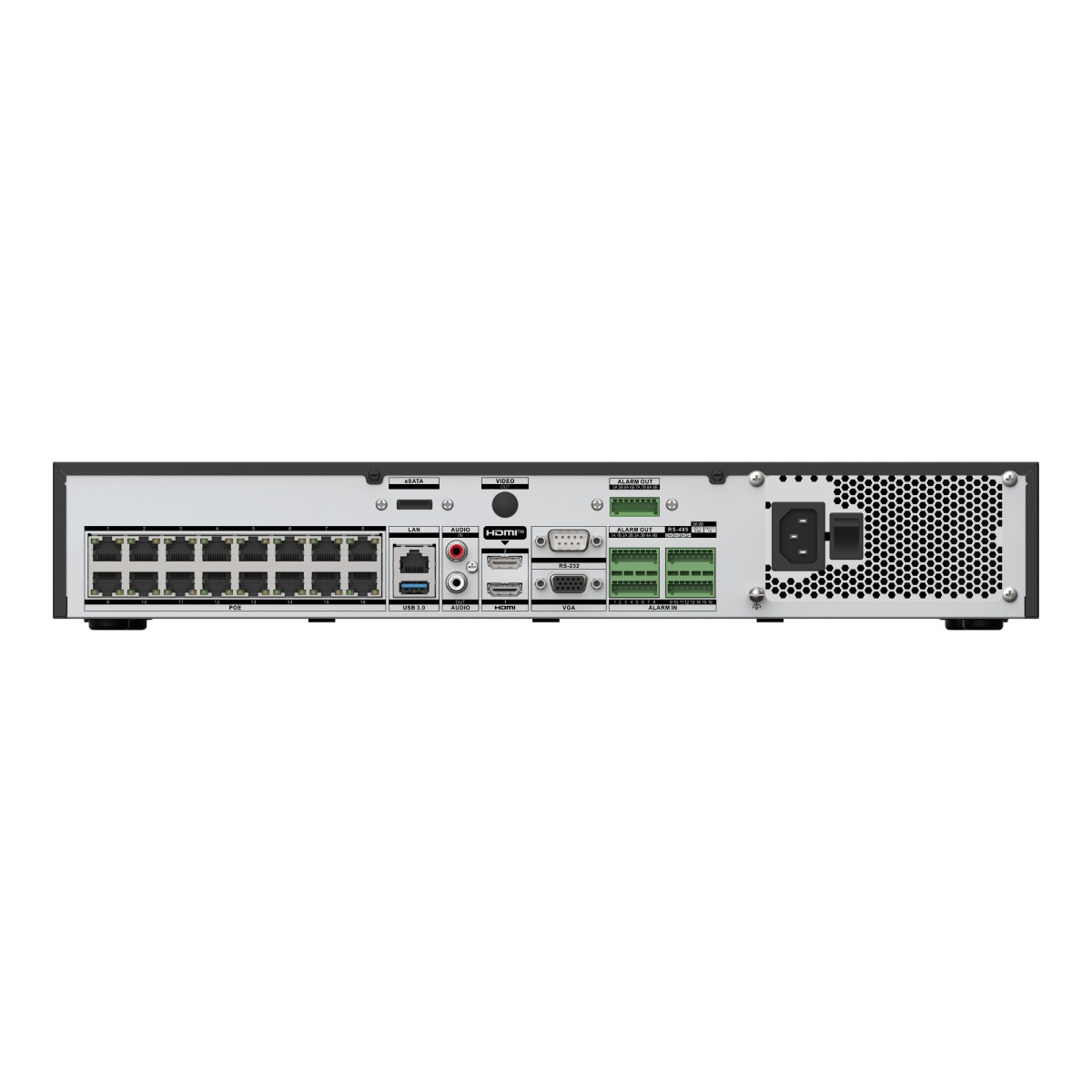 Pannello posteriore di un dispositivo DVR nero con varie porte: eSATA, HDMI, USB e ingressi/uscite allarme.