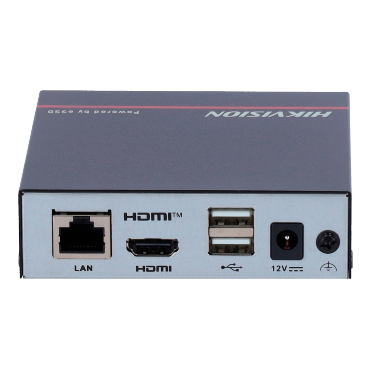 Un dispositivo HIKVISION nero e grigio. Dispone di porte LAN, HDMI, USB e alimentazione. Il dispositivo è etichettato con vari simboli.