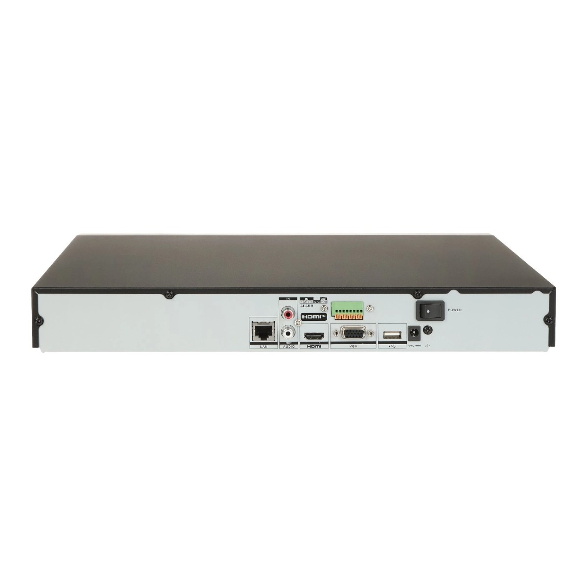 Rückansicht eines schwarz-grauen elektronischen Geräts. Es hat verschiedene Anschlüsse: LAN, HDMI, VGA, USB und Stromeingang.
