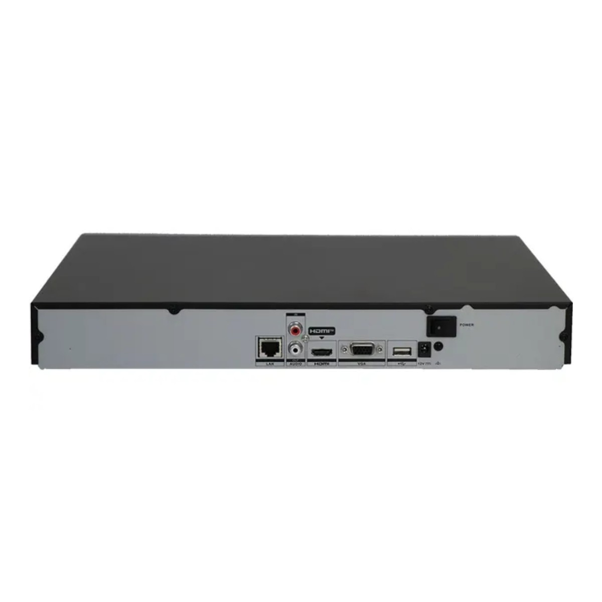 Vista posteriore di un dispositivo elettronico nero. Ha varie porte: LAN, audio, HDMI, VGA, USB e un ingresso di alimentazione.
