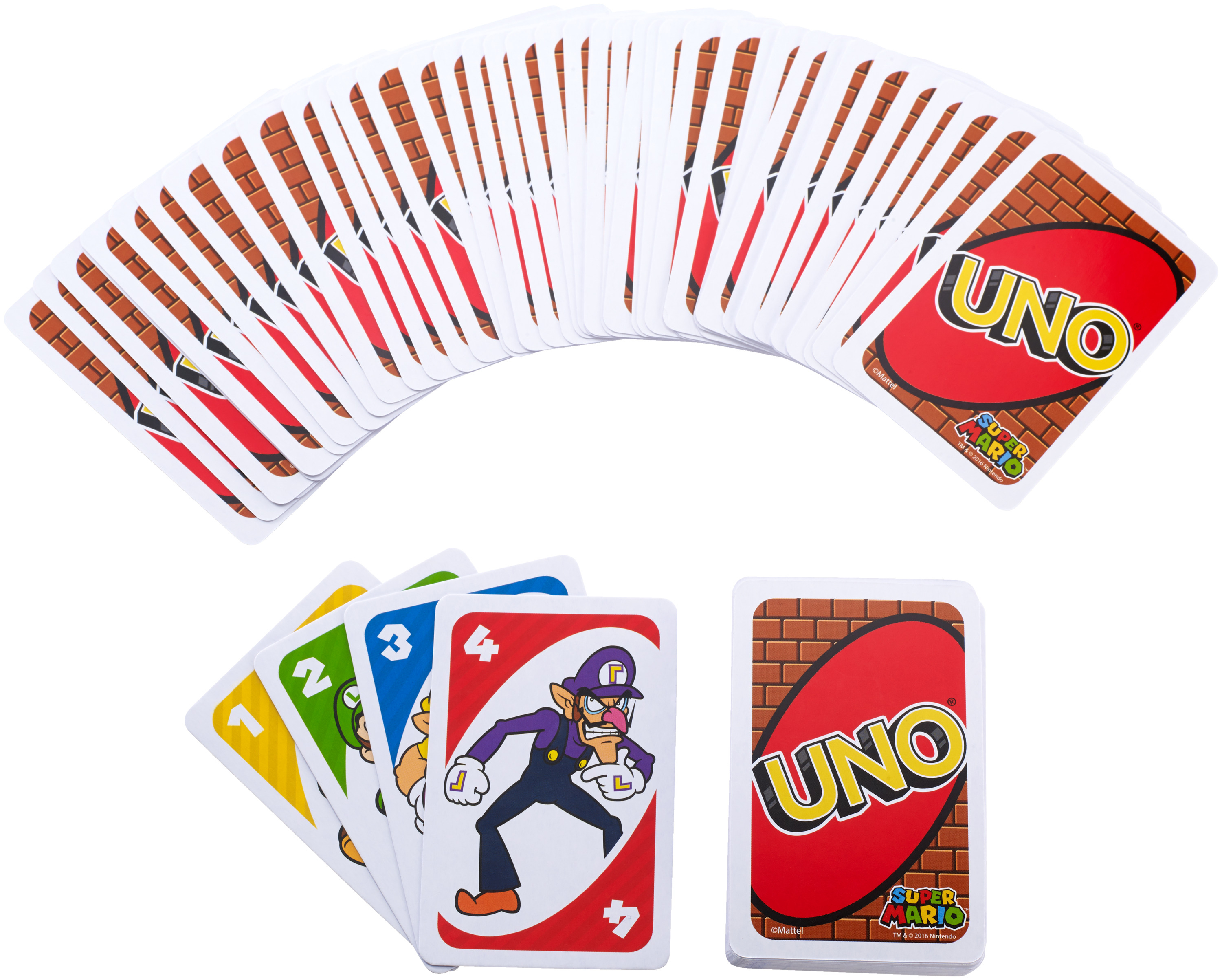 Un assortiment de cartes UNO Super Mario est affiché. Le jeu est éventé. Plusieurs cartes sont également en rangée.