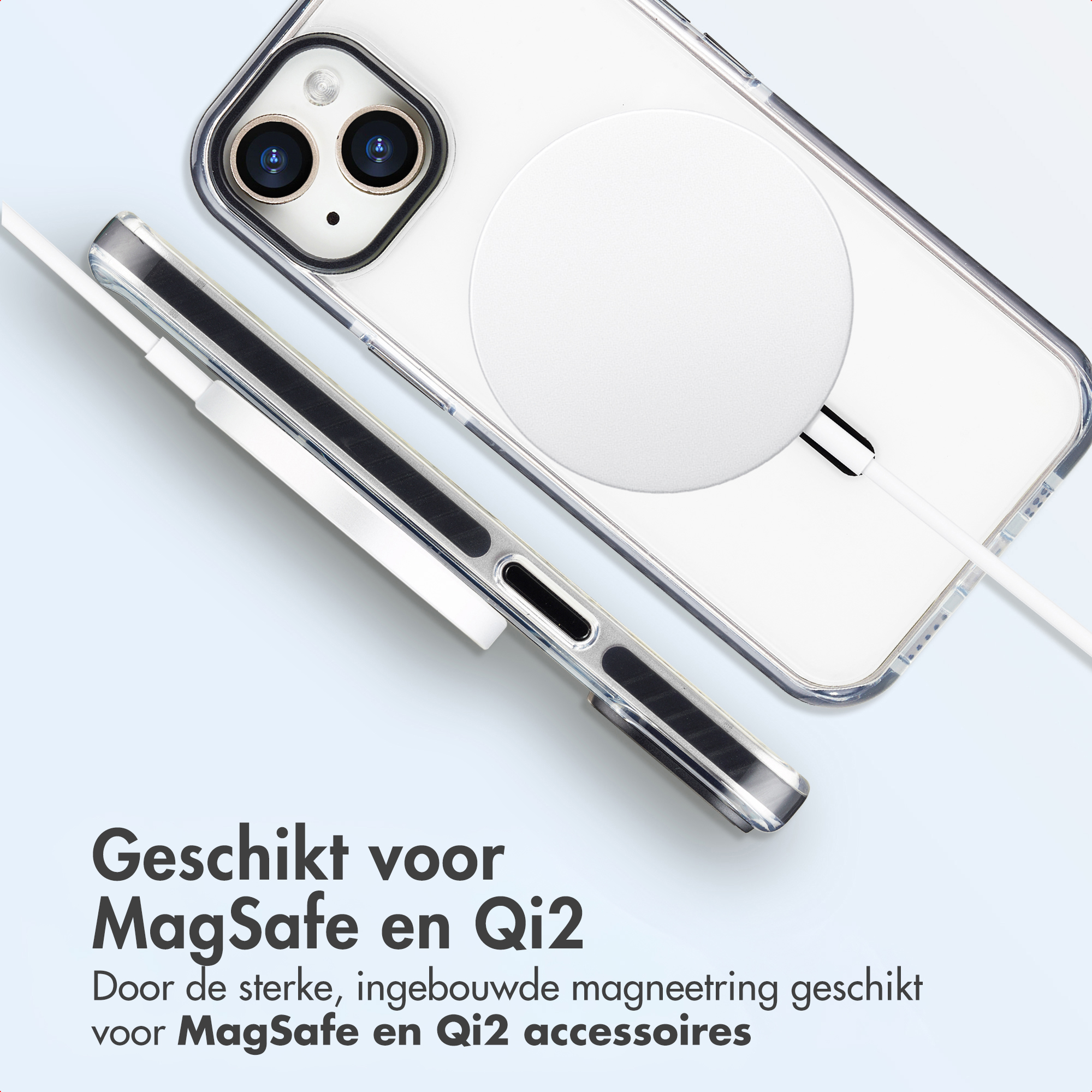 A phone in a clear case with a white MagSafe charger. Text reads 'Suitable for MagSafe and Qi2'.