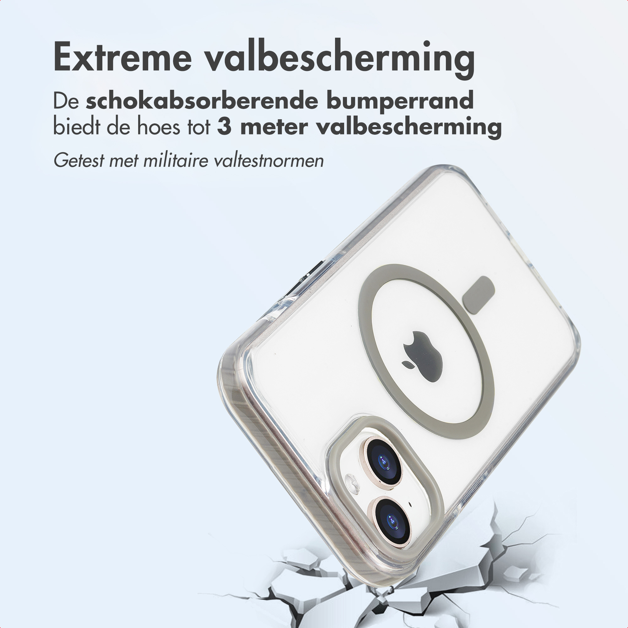 Clear phone case on white background, cracked ground. Text: Extreme drop protection.