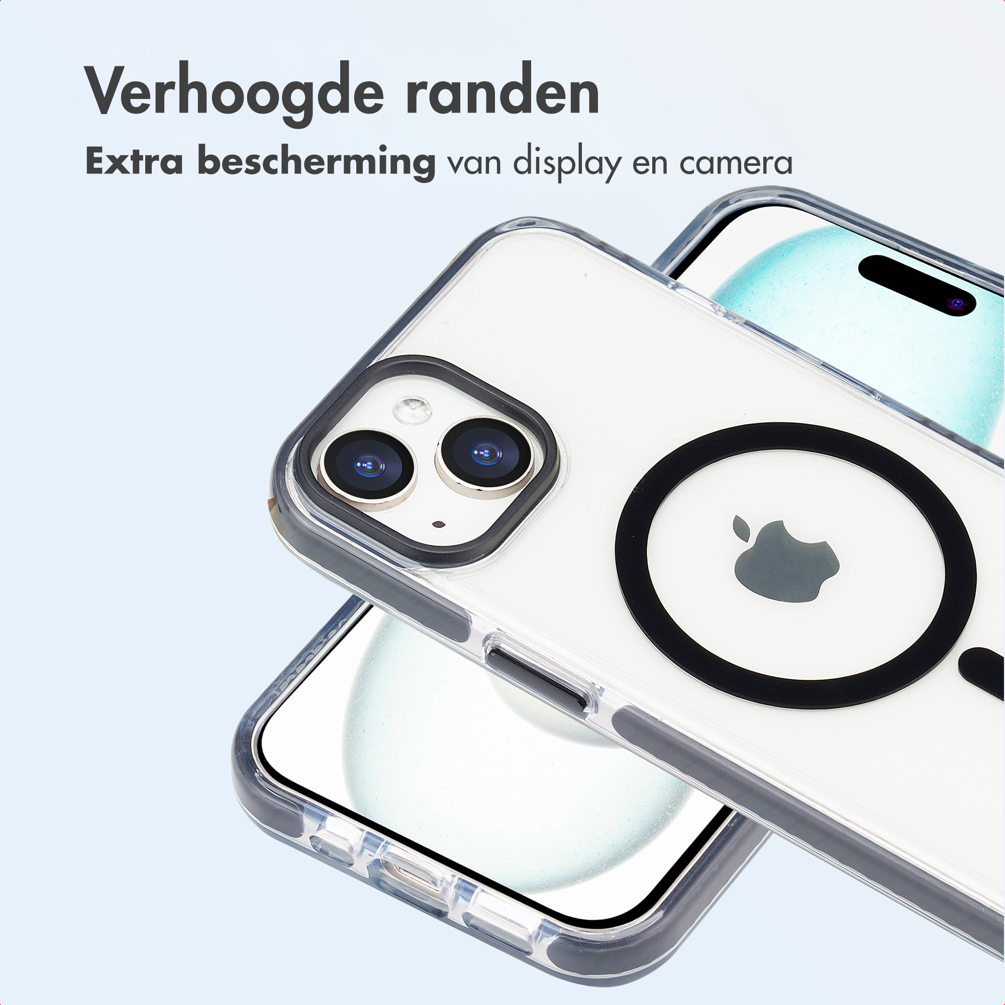 Two clear phone cases, one on top of the other. The top case has a black ring with the Apple logo.