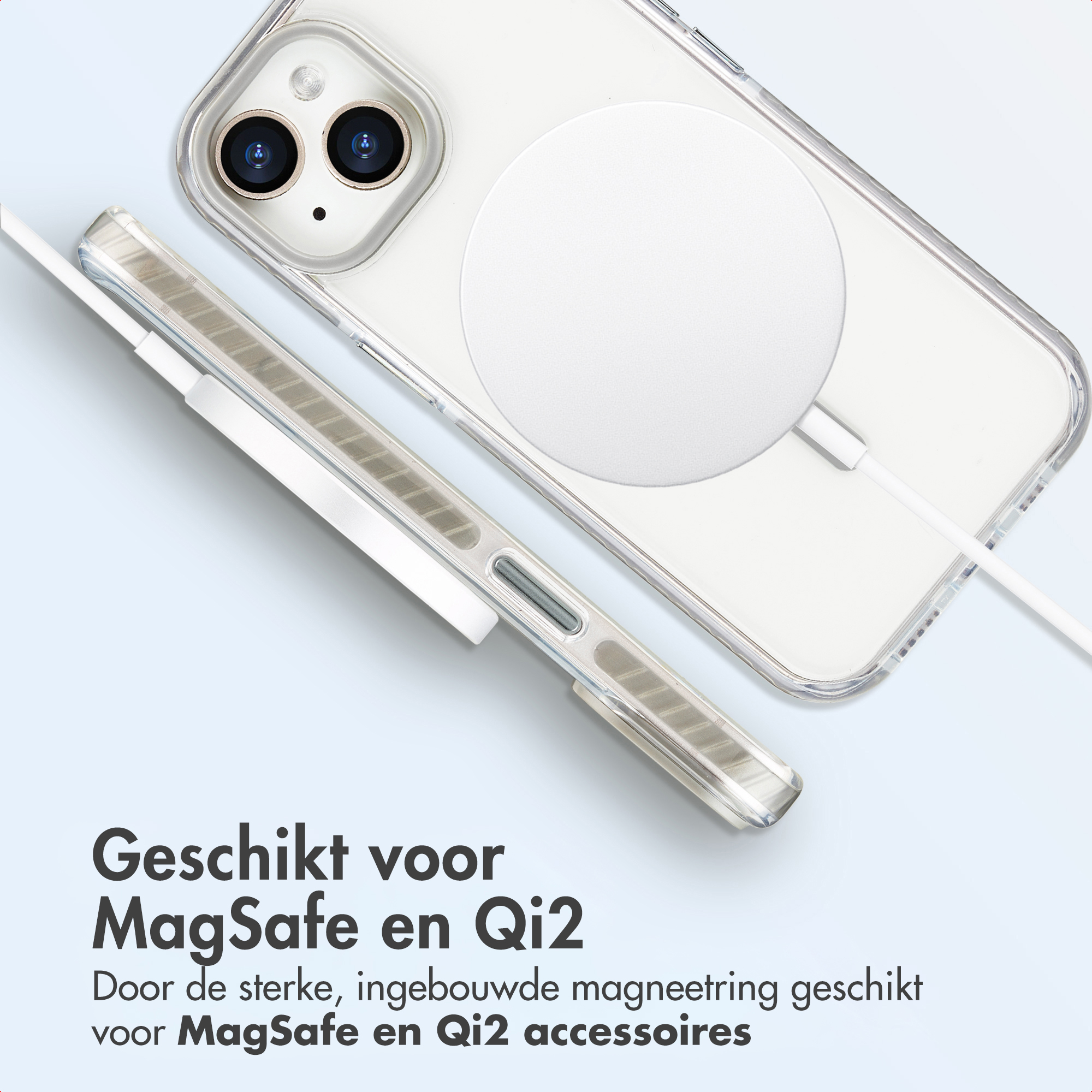 A phone in a clear case with a white MagSafe charger attached, and text below indicating MagSafe and Qi2 compatibility.