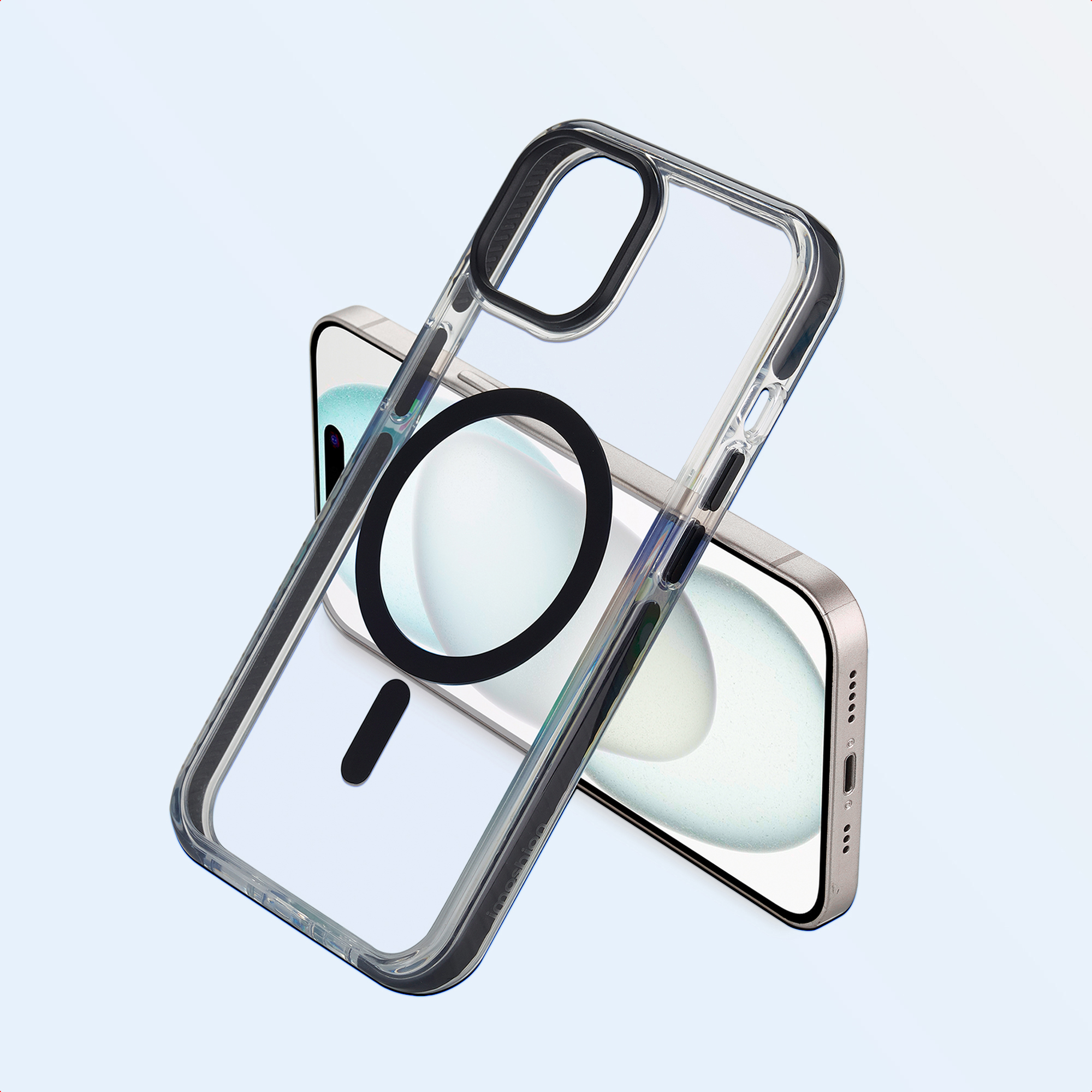 Clear phone case over a phone. Case has a black circle and a black bar. The phone is silver.