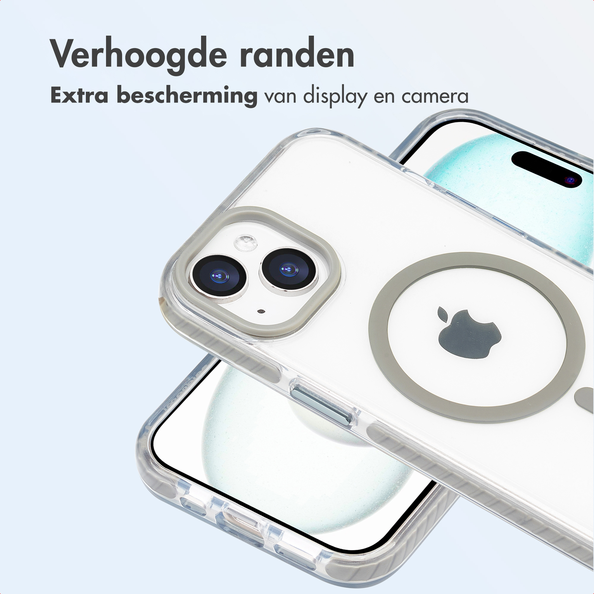 Clear phone case with raised edges. Features Apple logo, camera protection, and display protection. Two phones are visible.