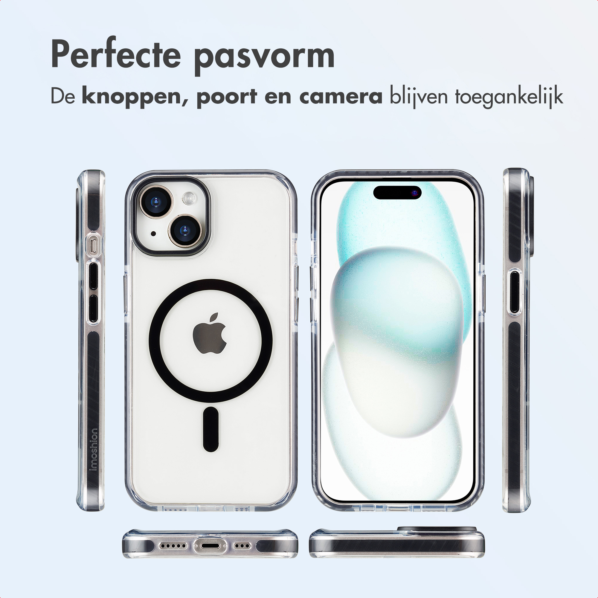 Clear phone case showcasing design. Phone is in the case. Features buttons, ports, and camera access. Apple logo visible.