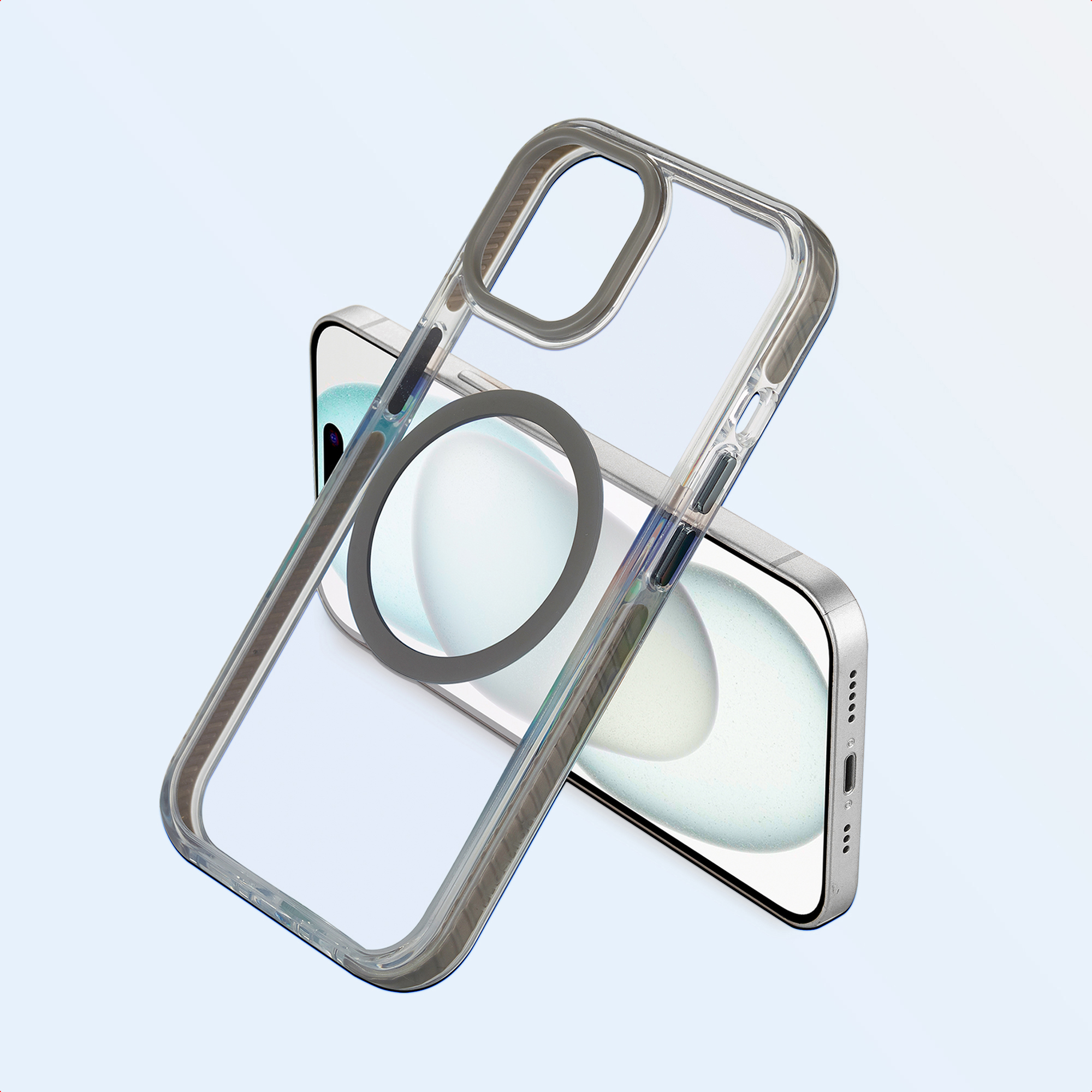 A clear phone case over a silver phone. The case is angled, showing the phone screen and the case's details.