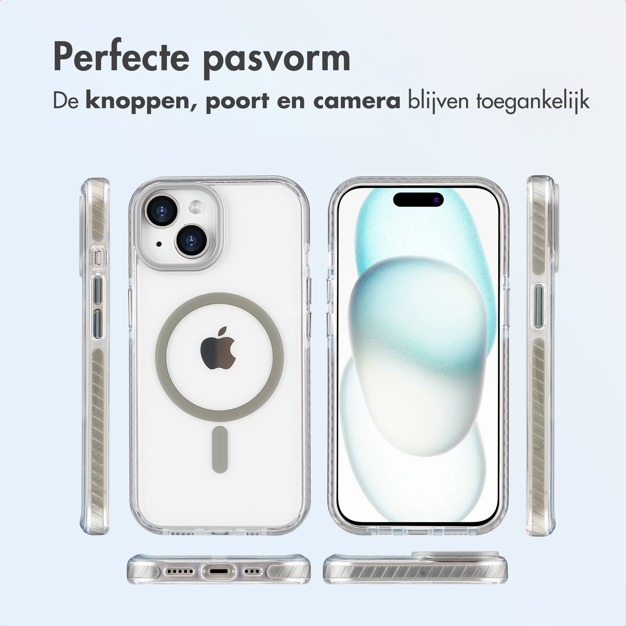Clear phone case with an apple logo. The case surrounds a phone showing its buttons, ports, and camera.