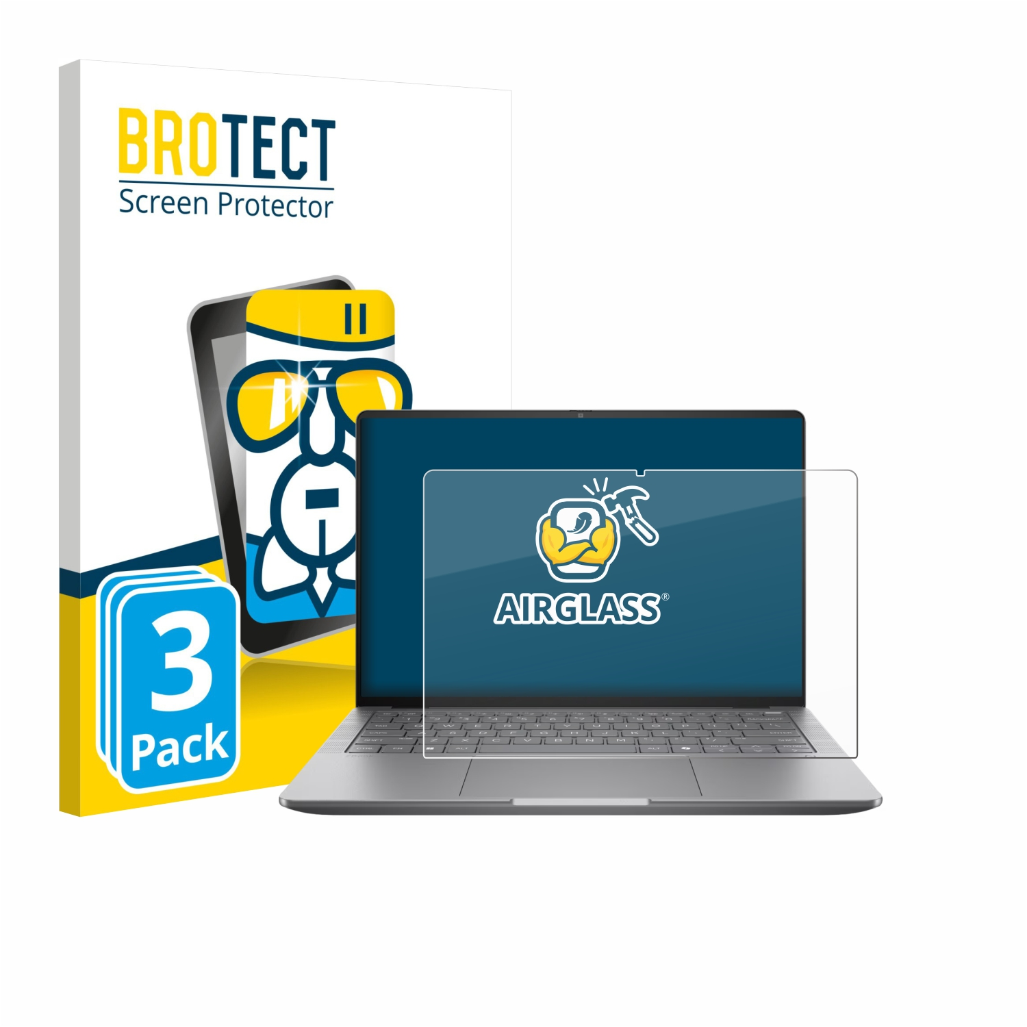 Ein Laptop mit Displayschutz, eine Schachtel mit der Aufschrift 'BROTECT Screen Protector' und ein '3er Pack' Aufkleber.