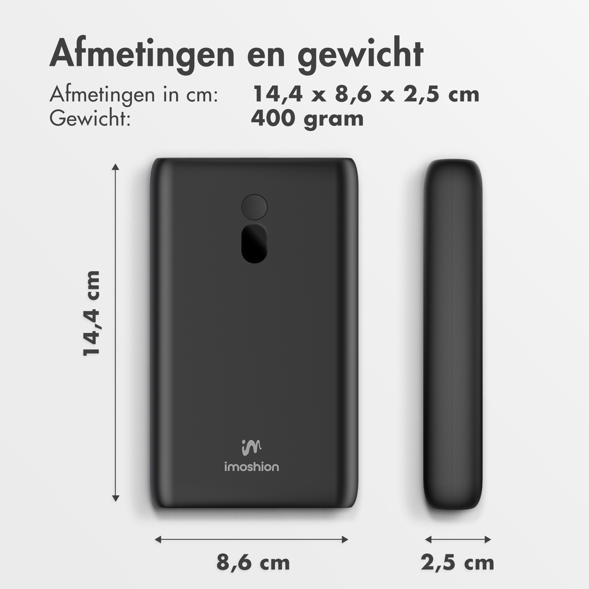 Batterie externe noire de dimensions 14,4x8,6x2,5cm et poids 400g. Le texte indique les dimensions et le logo de la marque. Deux vues.