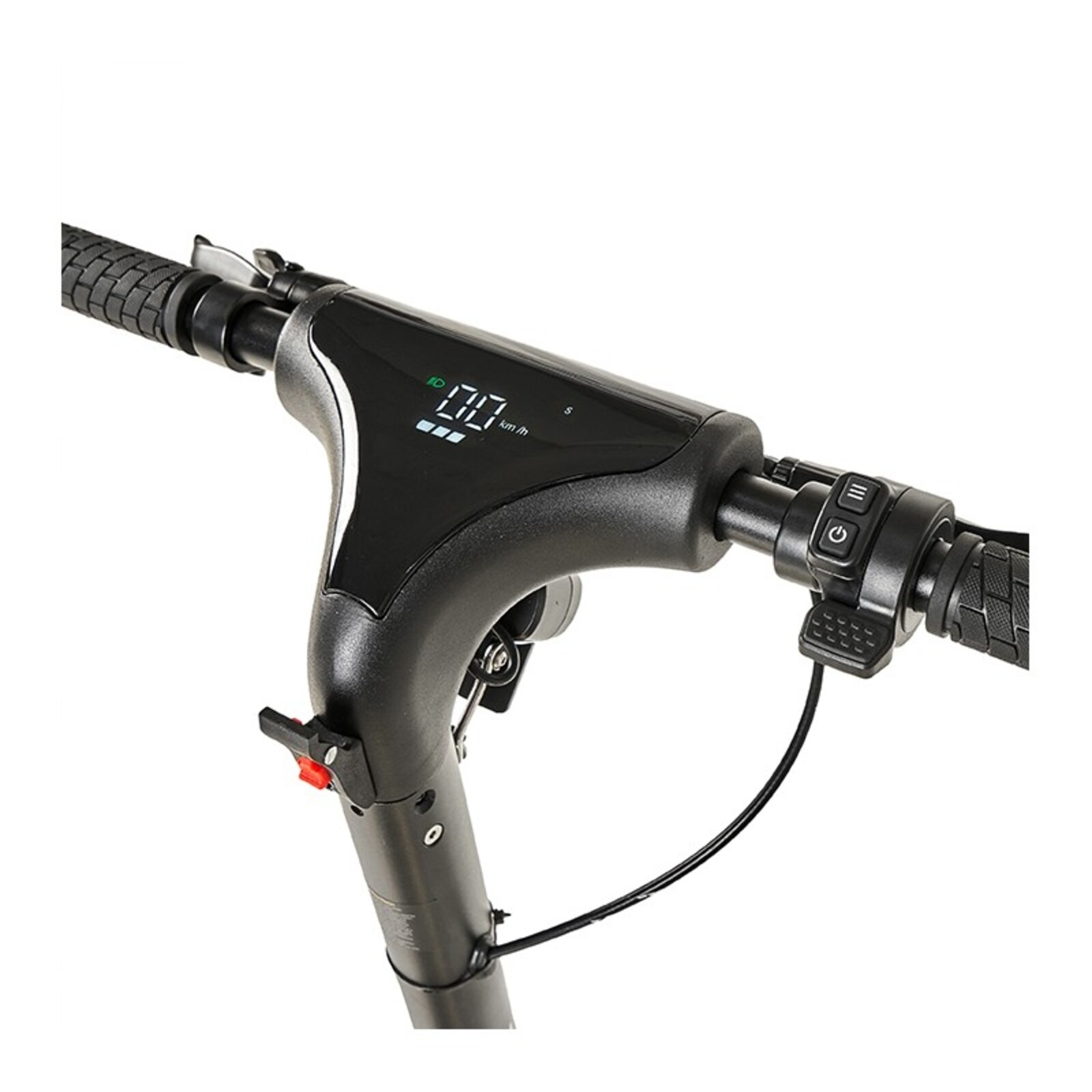 Primer plano del manillar de un patinete eléctrico negro. La pantalla muestra 00 km/h. Se ven botones y empuñaduras, aislado en blanco.
