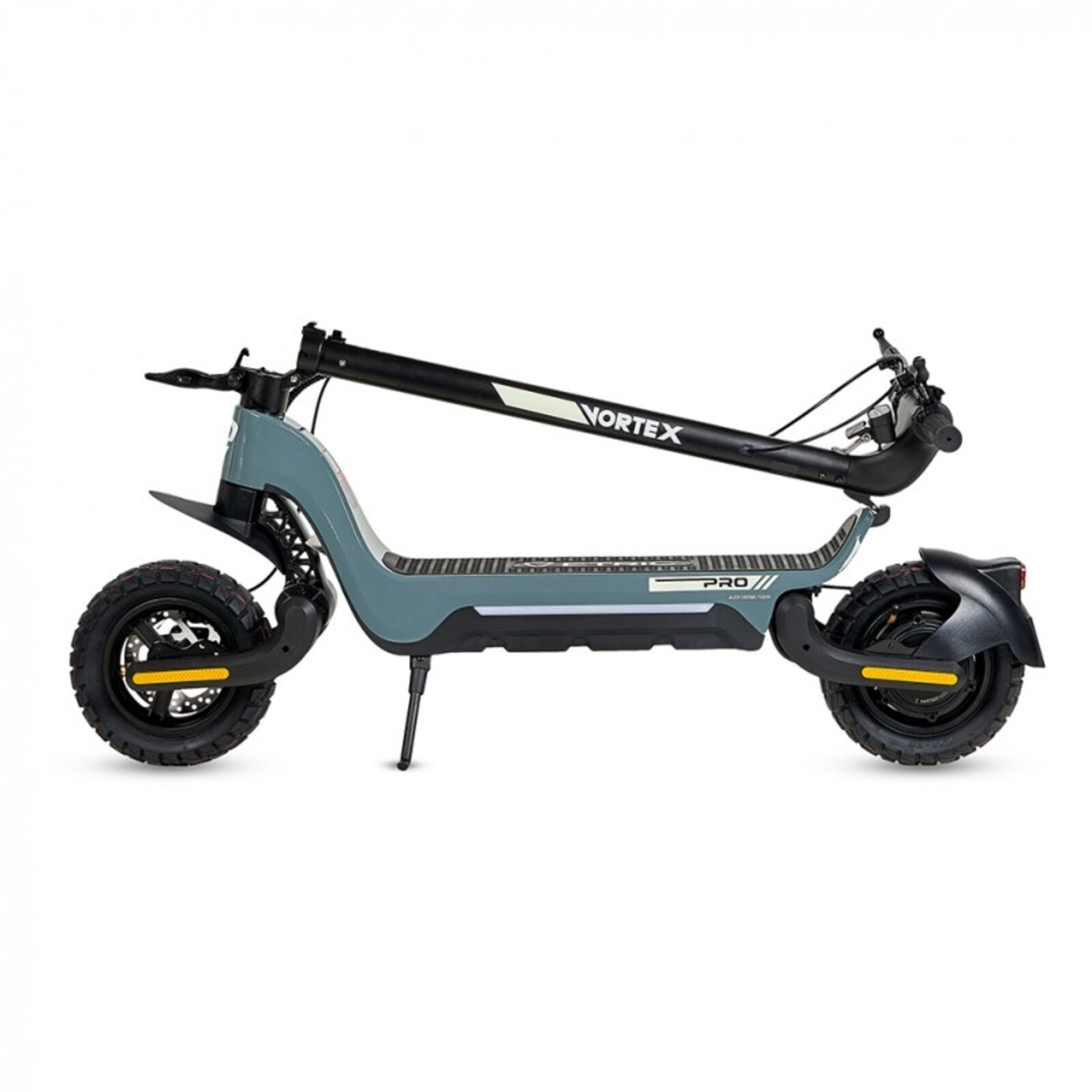 Un scooter eléctrico Vortex Pro gris y negro. Tiene neumáticos grandes y un manillar negro. El fondo es blanco.