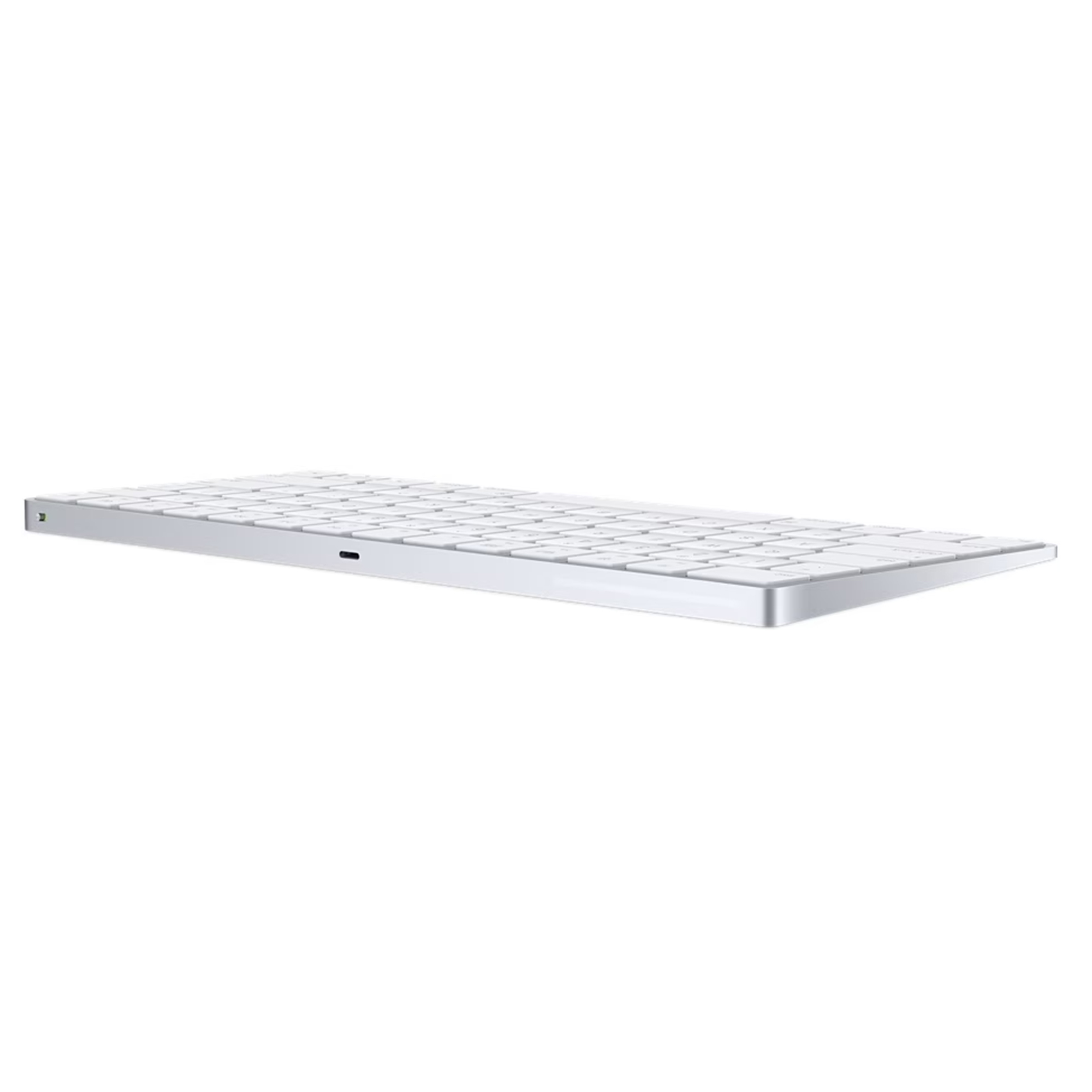 Een witte Apple Magic Keyboard wordt getoond tegen een witte achtergrond. Het toetsenbord staat iets naar rechts gekanteld.