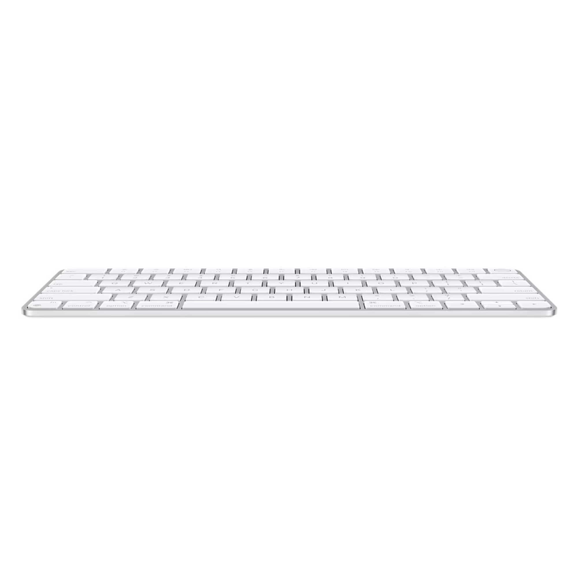 Pokazana jest biała klawiatura Apple Magic Keyboard. Ma srebrną ramę i białe klawisze. Tło jest białe.