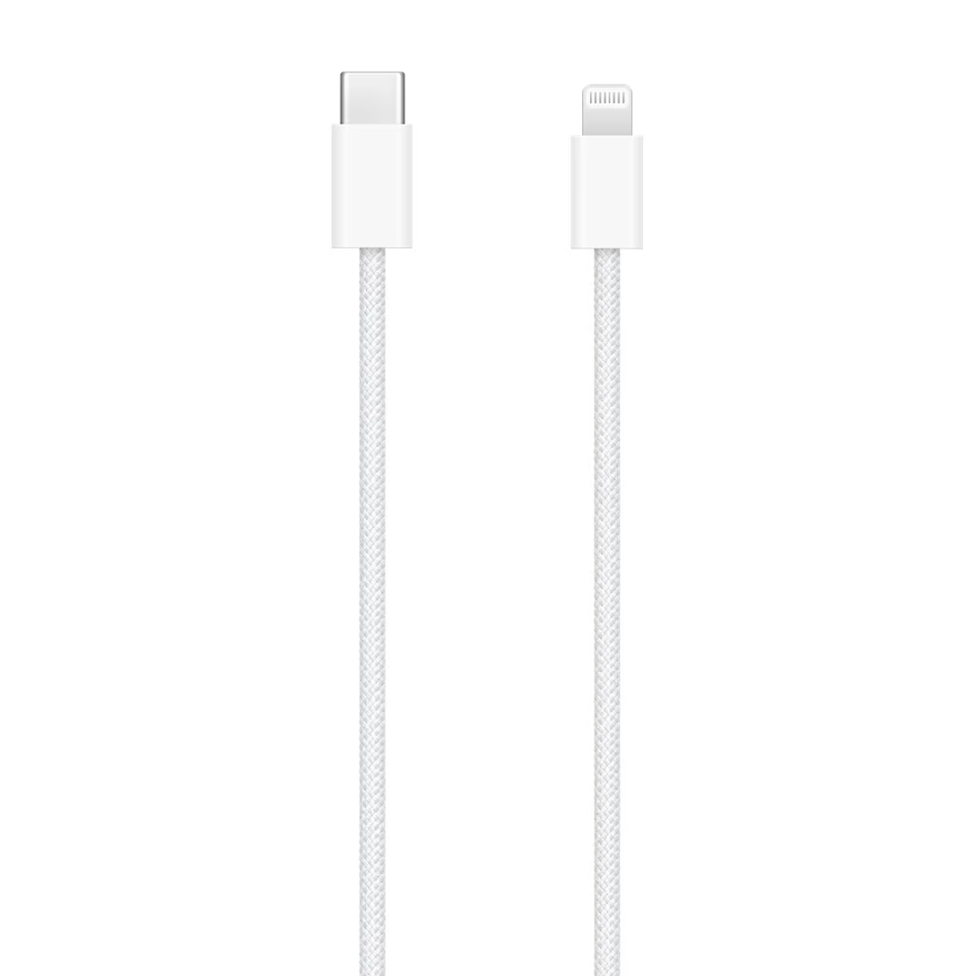 Biały kabel ładujący z dwoma końcami: USB-C i Lightning, na białym tle.