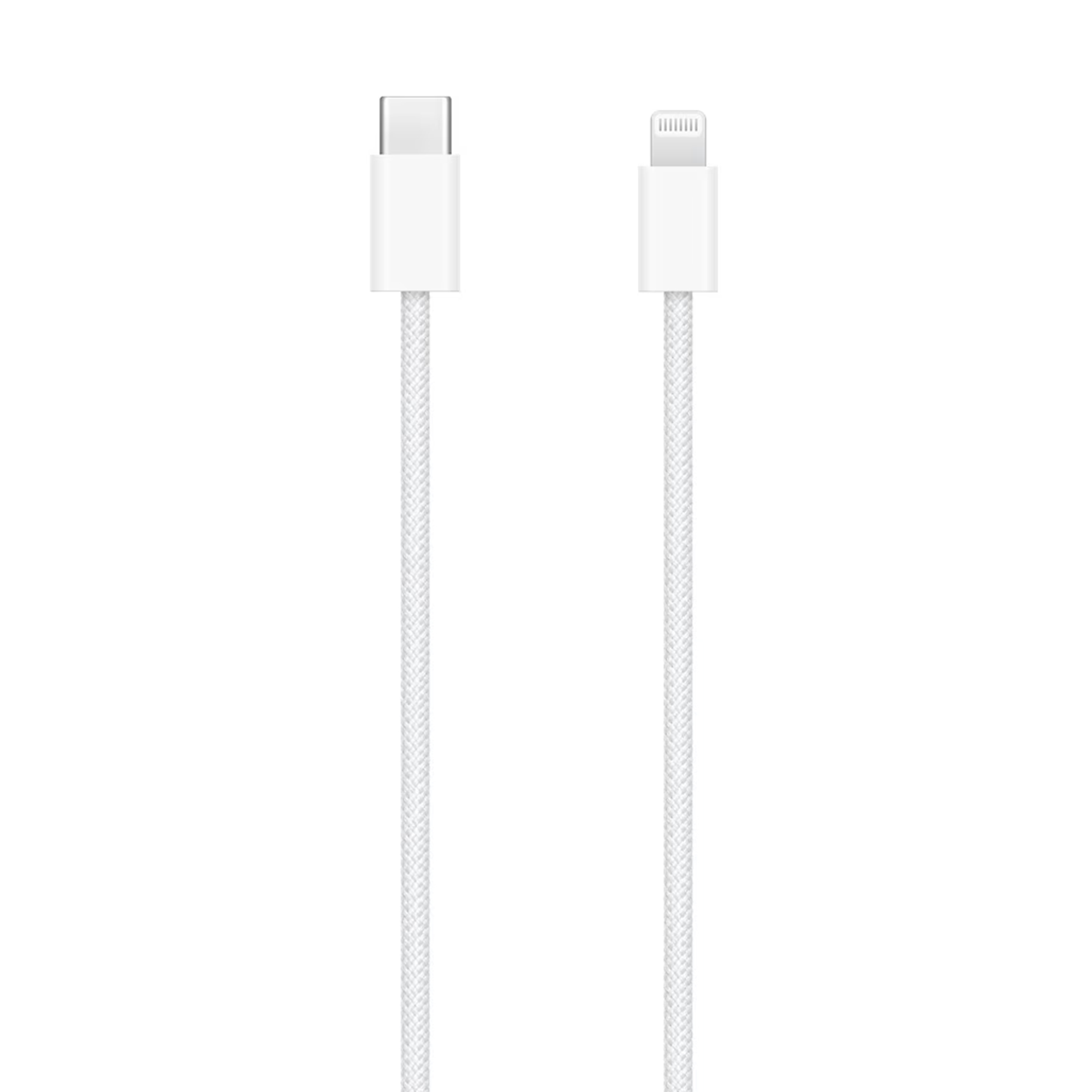 A white charging cable, with a USB-C connector on the left and a lightning connector on the right, against a white background.