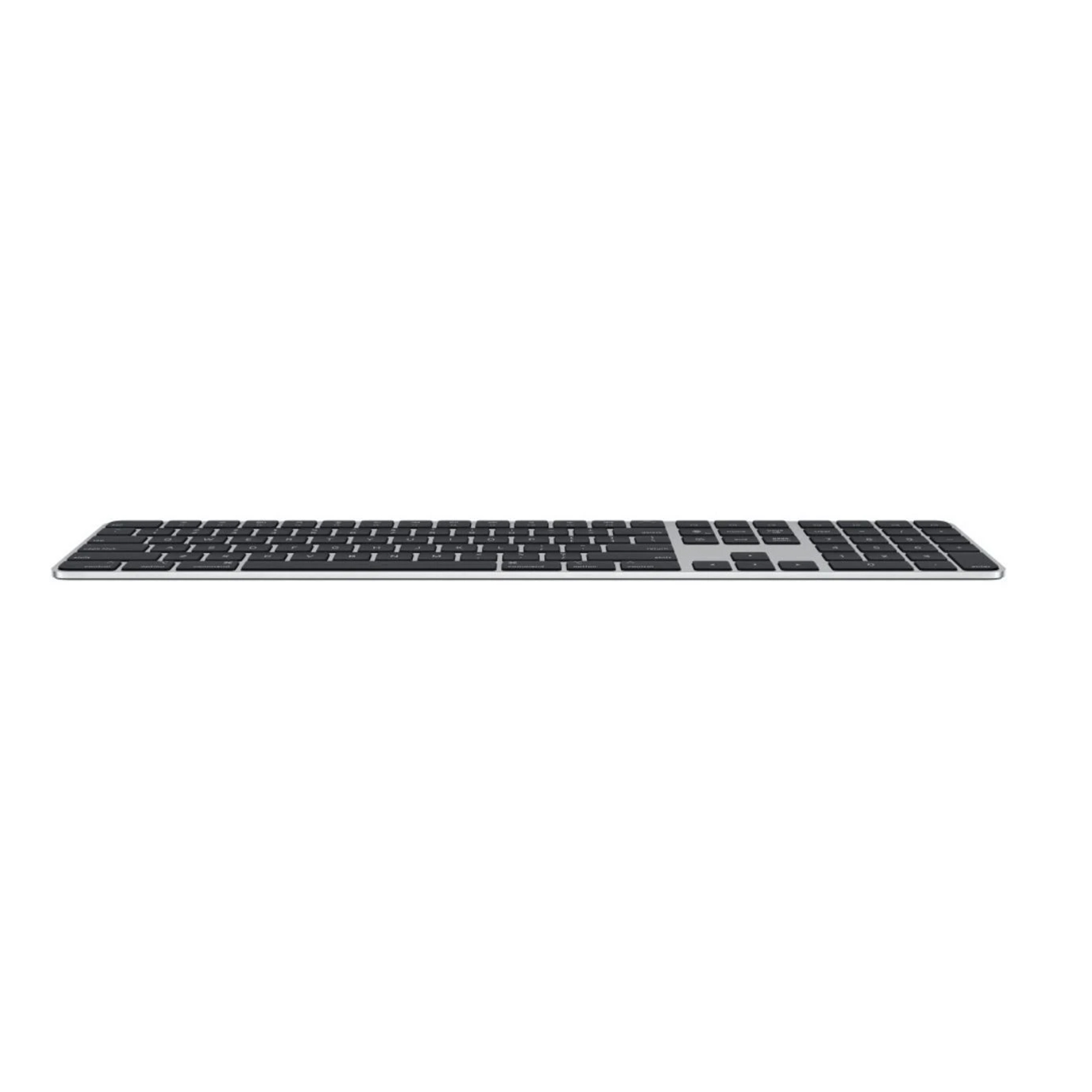 A silver and black Apple Magic Keyboard is centered on a white background. The keys are black.