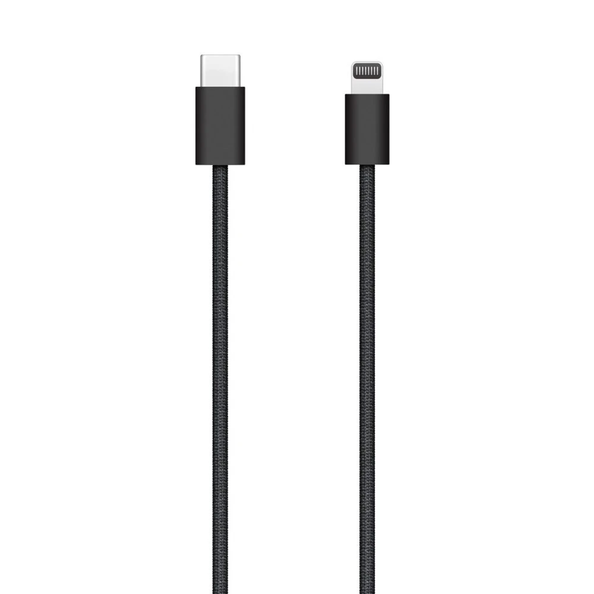 Two black charging cables with different connectors: USB-C and Lightning. Both have a black braided cable.