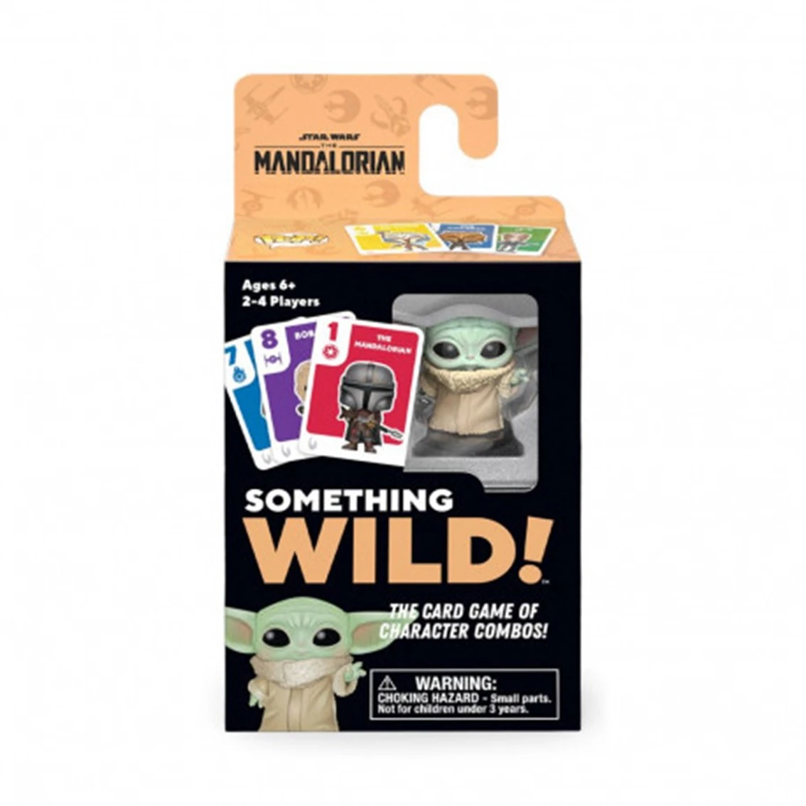 Una caja de cartas de Star Wars Mandalorian. Presenta a Baby Yoda, cartas y el texto 'Something Wild!'. Una advertencia está en la parte inferior.