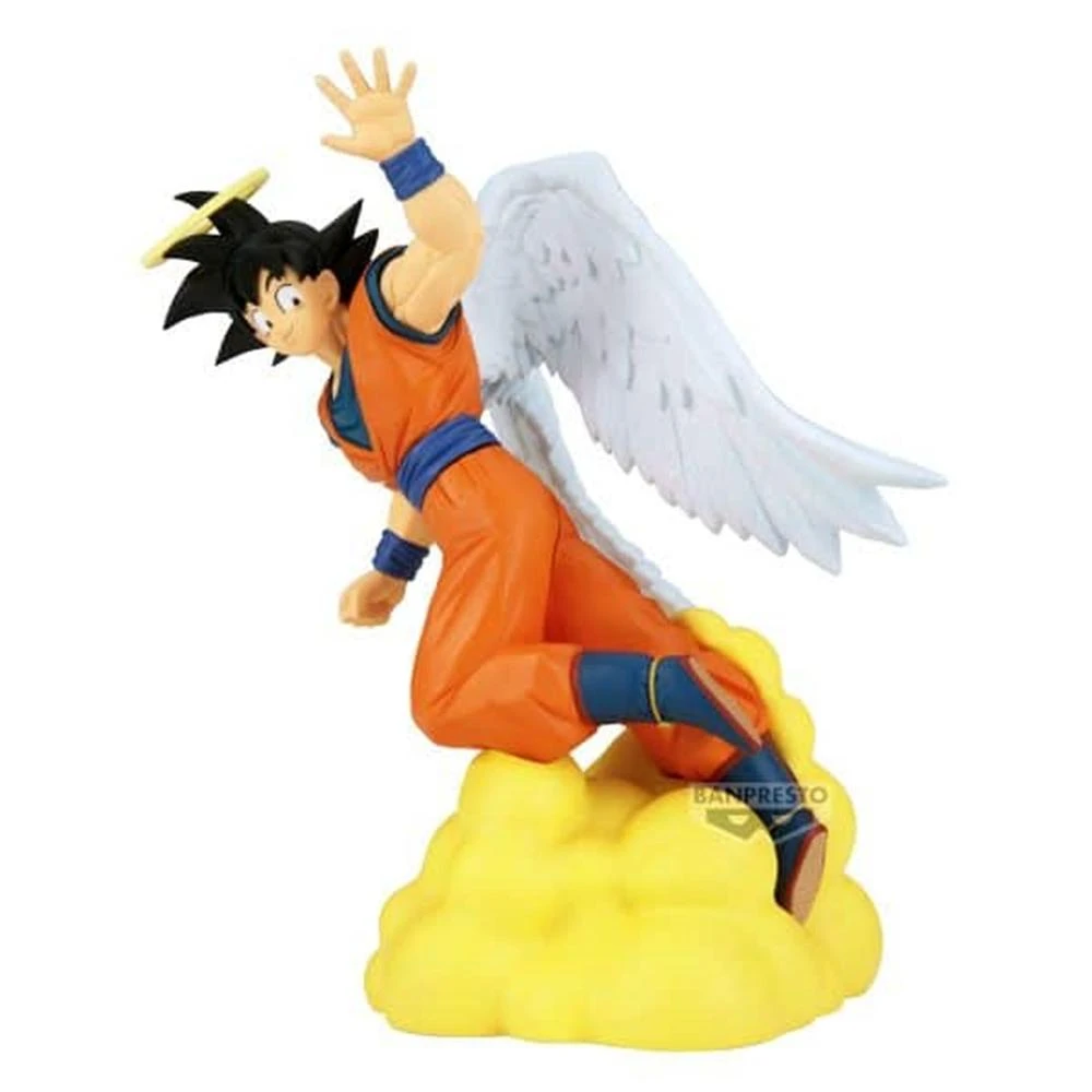 Una figura de un personaje con ropa naranja, alas blancas y un halo, montando una nube amarilla. Es una pose angelical.