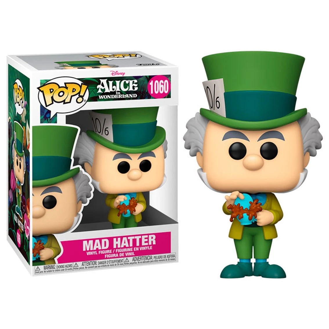 La figura Funko Pop del Sombrerero Loco de Alicia en el País de las Maravillas. Lleva un sombrero verde y un abrigo amarillo, sosteniendo un objeto marrón.