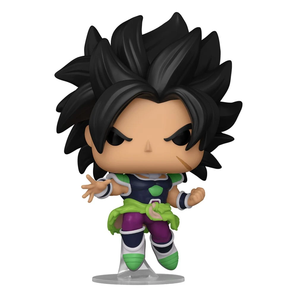 Una figura de Broly Funko Pop. Tiene cabello negro puntiagudo, una cicatriz en la cara y viste un atuendo verde, morado y azul.