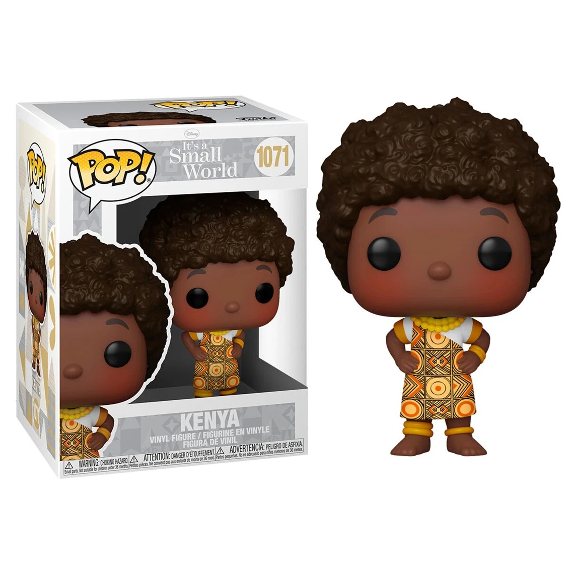 Een Funko Pop-figuur van een Kenya-personage uit It's a Small World. De figuur heeft een donkere huid, krullend haar en draagt traditionele kleding.