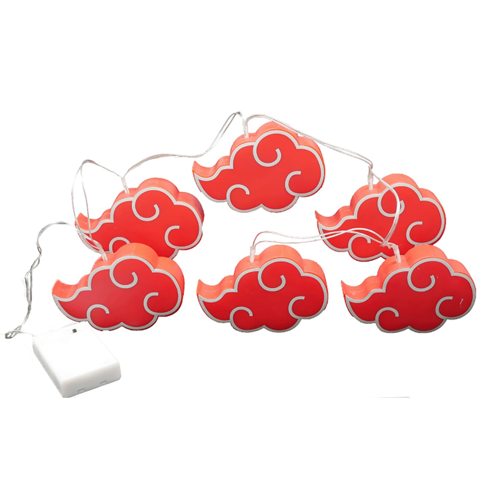 Stringa di luci rosse a forma di nuvola con contorni bianchi. Un pacco batteria bianco è collegato.