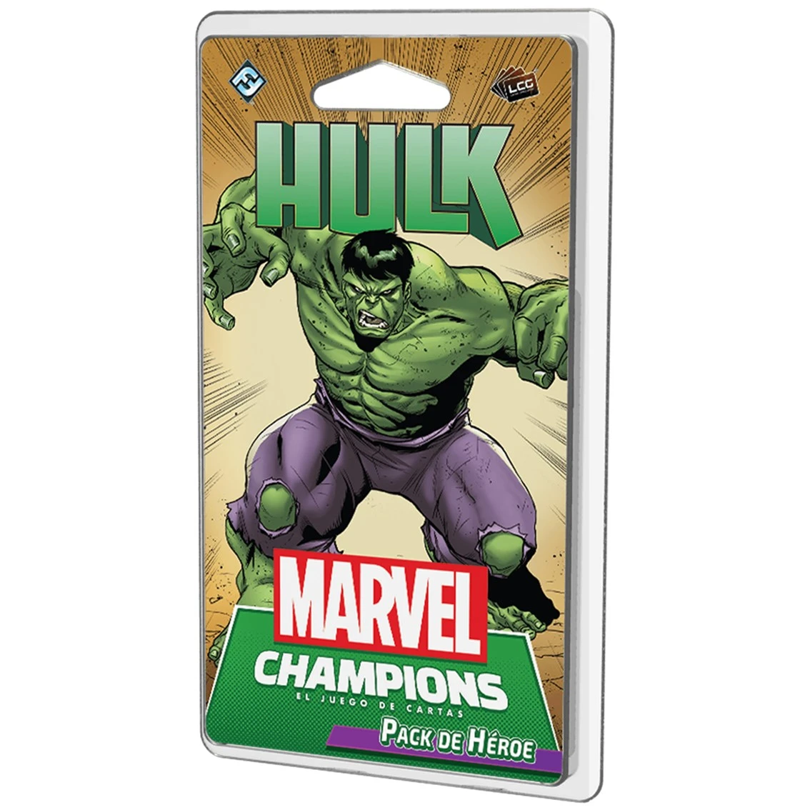 Paquete de cartas con Hulk. Hulk verde con pantalones morados. Logotipo de Marvel Champions presente. Texto Pack de Héroe.
