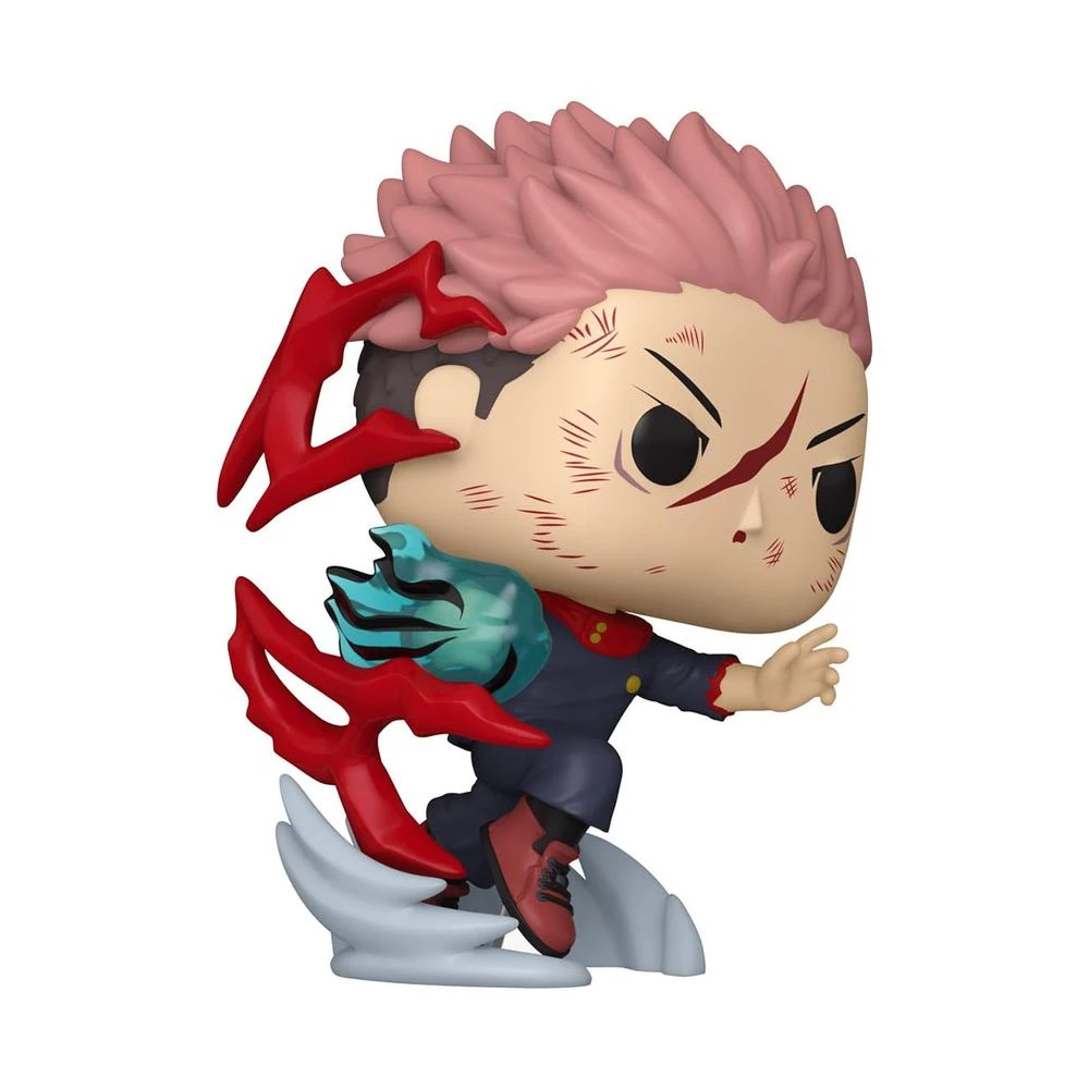 Una figura Funko Pop de un personaje con cabello rosa, detalles rojos y una expresión decidida. Está posando dinámicamente con un orbe azul.